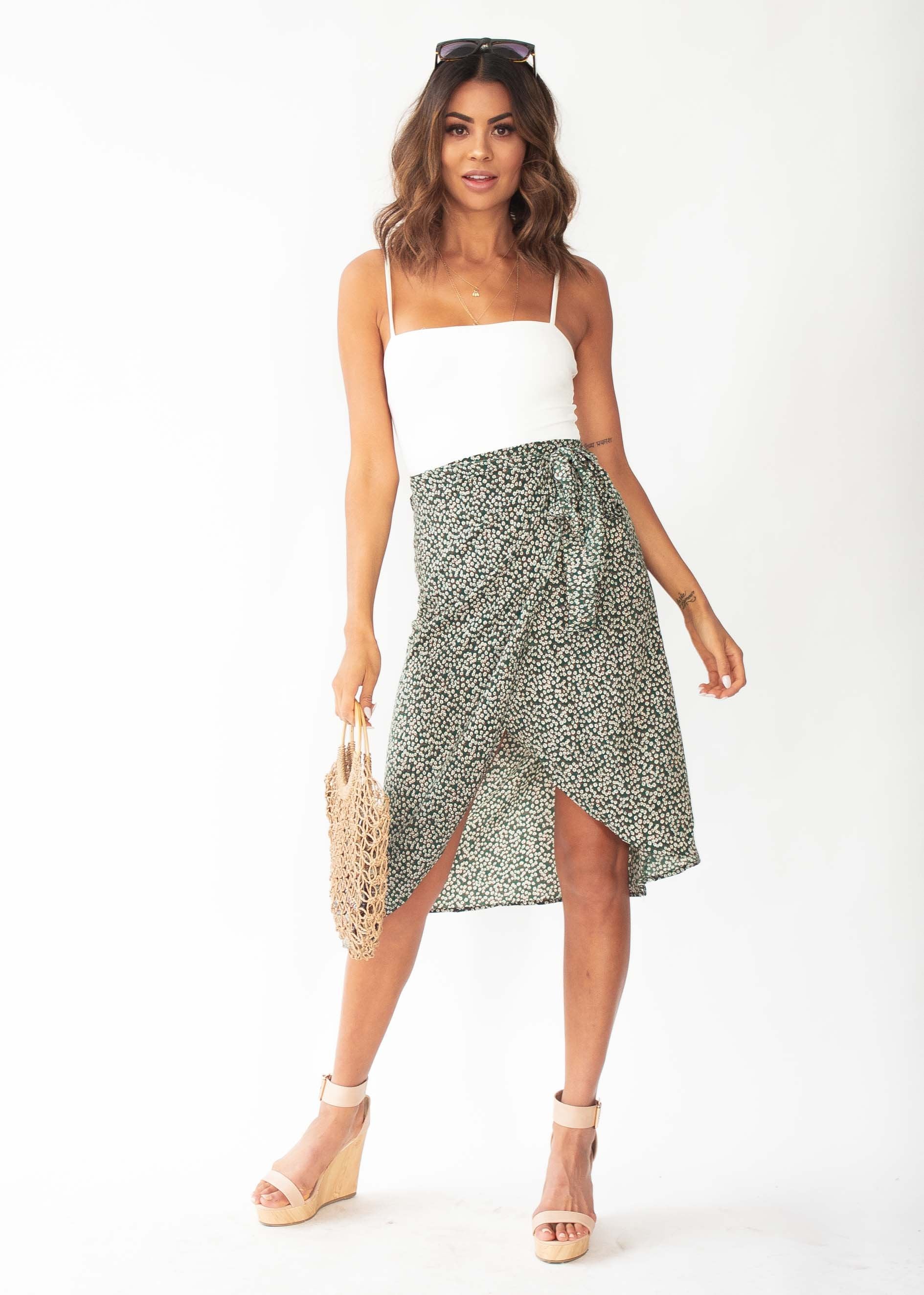 Bold Love Midi Wrap Skirt - Green Floral
