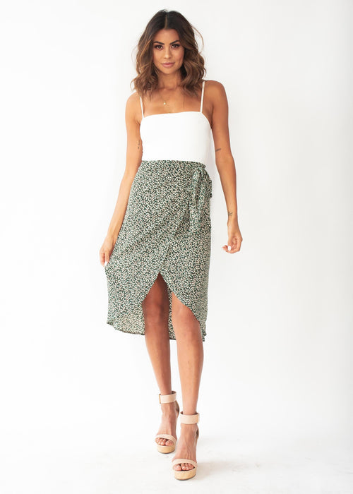 Bold Love Midi Wrap Skirt - Green Floral