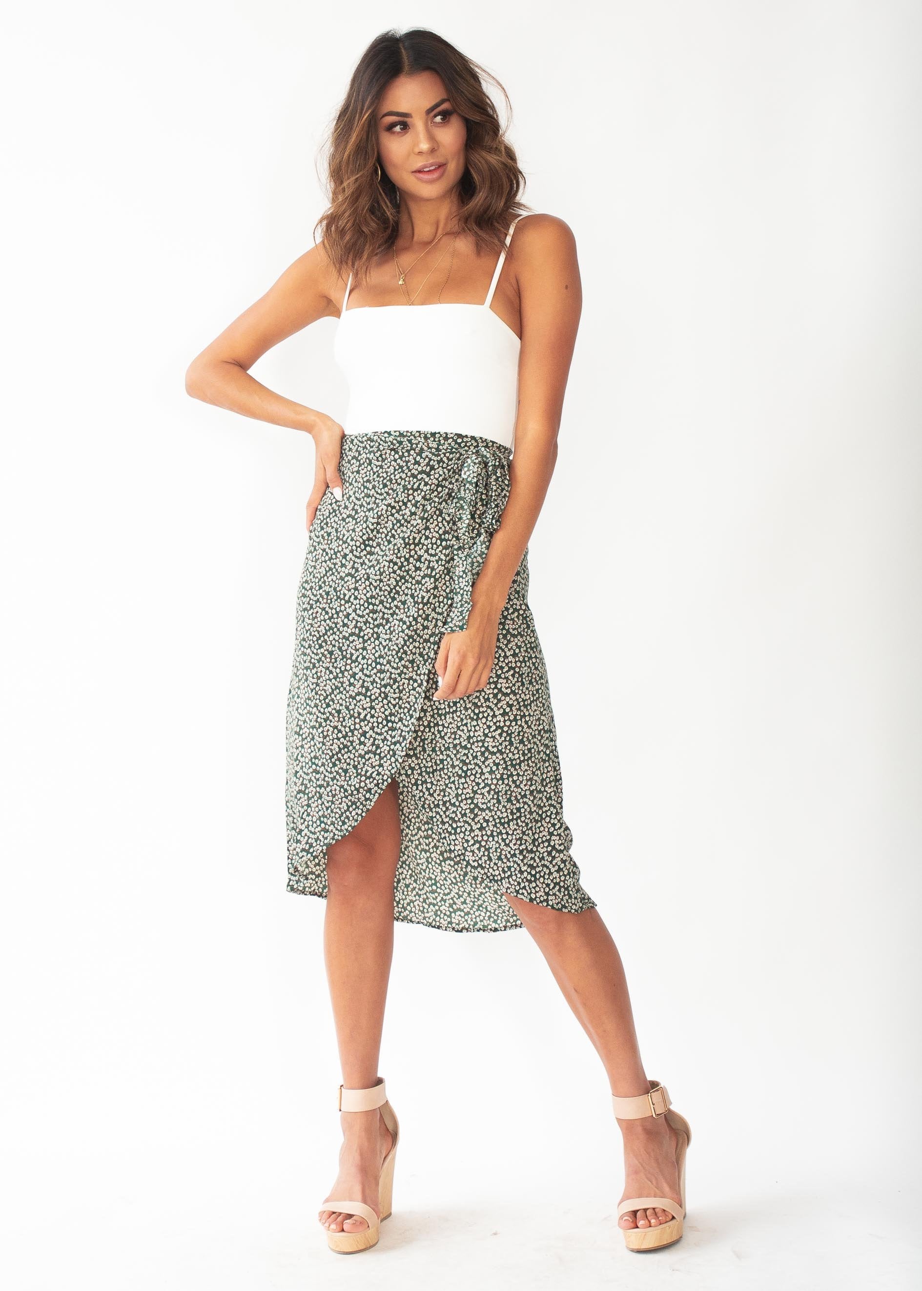 Bold Love Midi Wrap Skirt - Green Floral