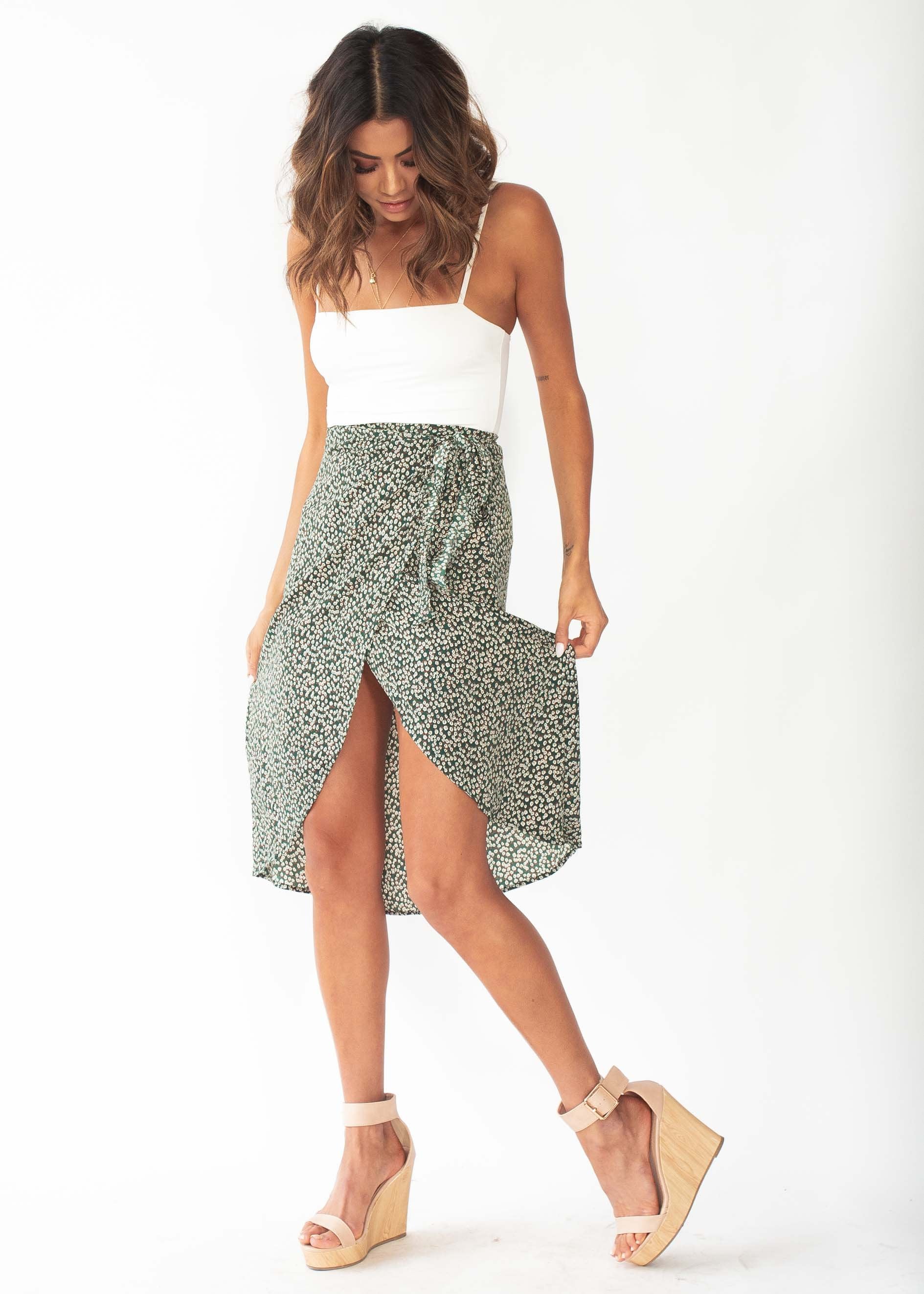 Bold Love Midi Wrap Skirt - Green Floral