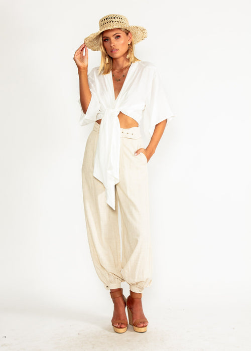 Balmy Dreams Linen Look Pants w/ Belt - Oatmeal
