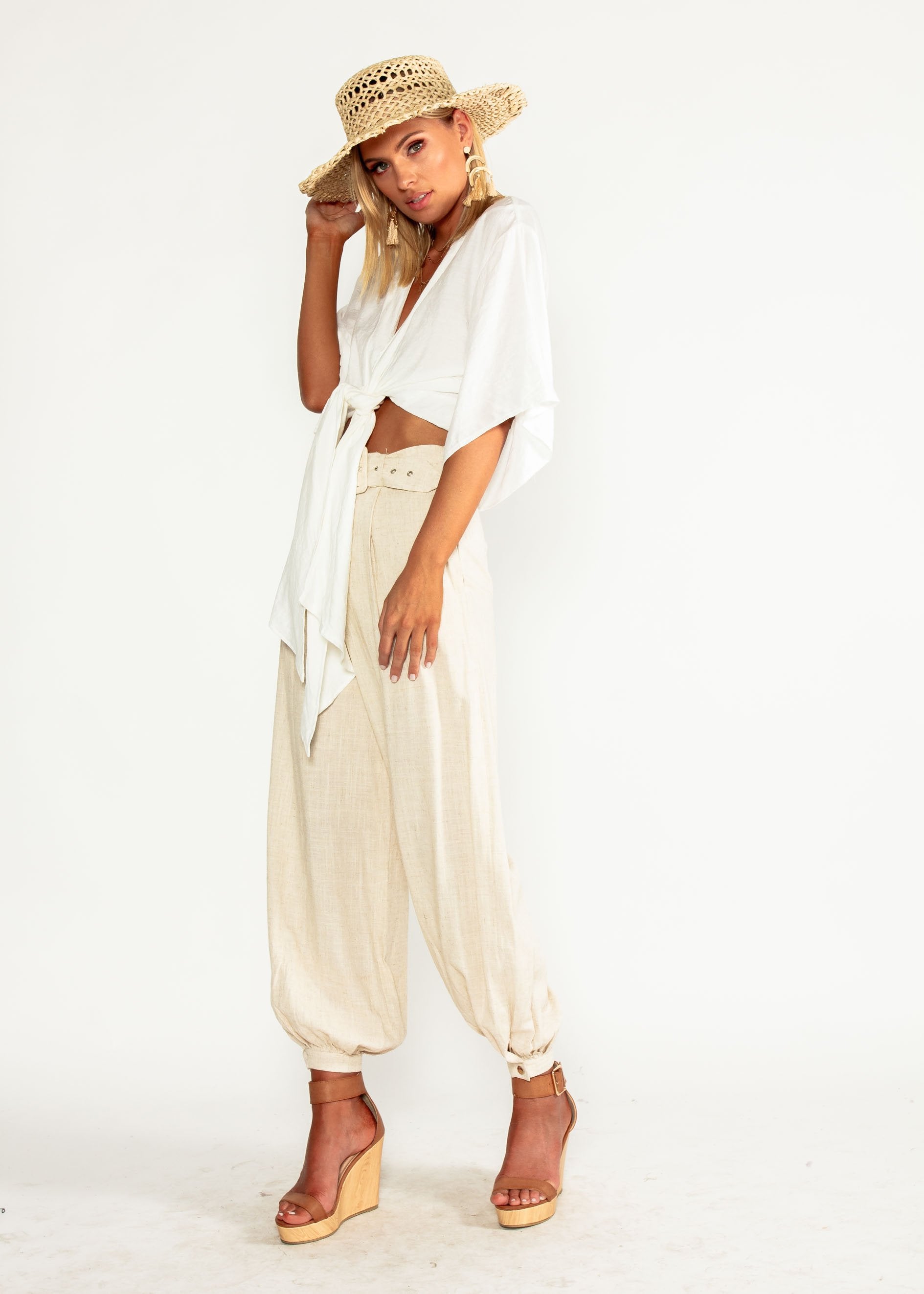 Balmy Dreams Linen Look Pants w/ Belt - Oatmeal