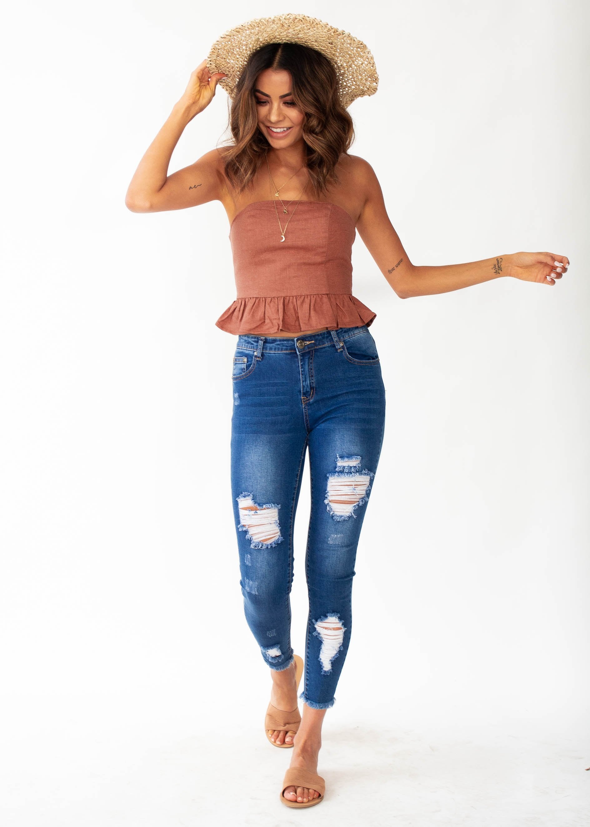 Picture Perfect Strapless Crop - Rust