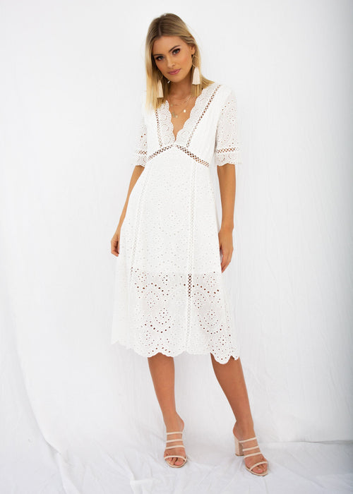 Marlow Midi Dress - White Anglaise