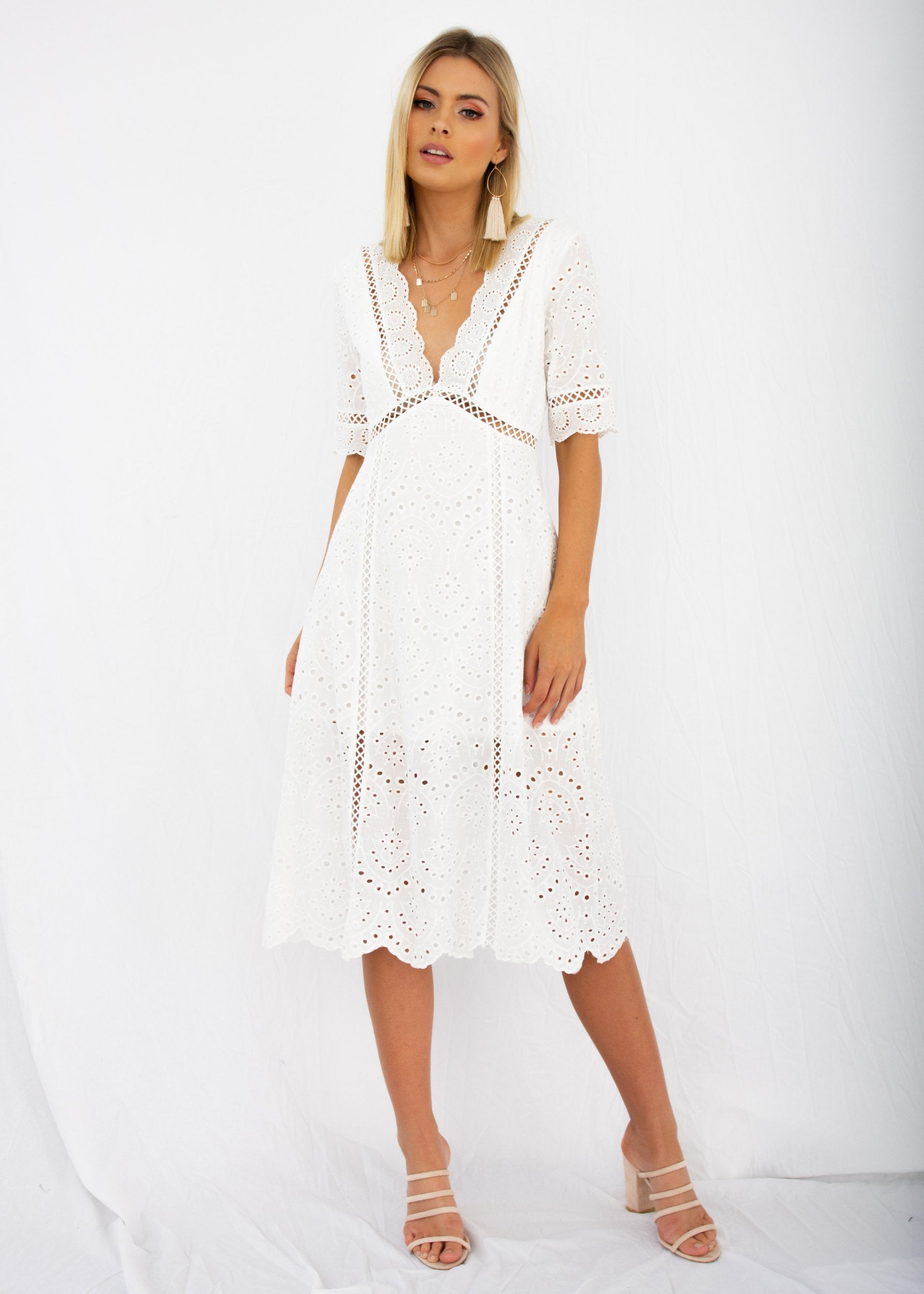 Marlow Midi Dress - White Anglaise