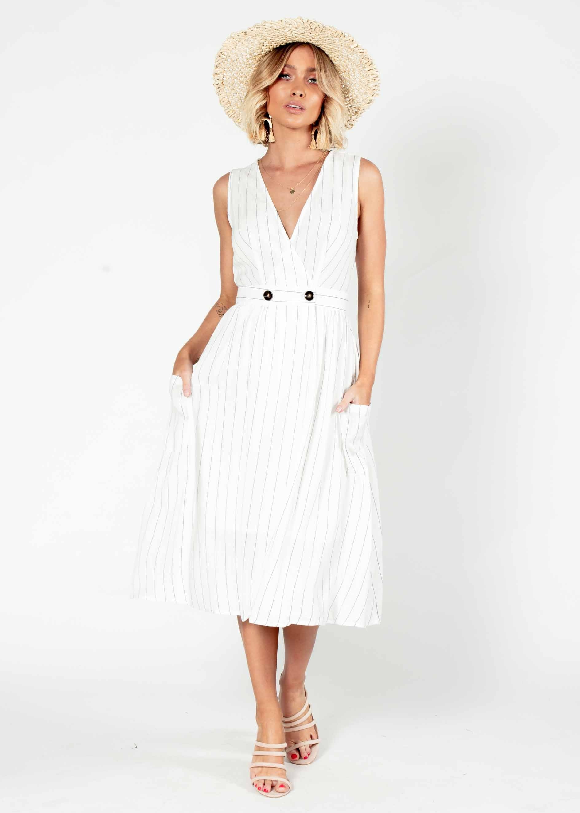 High Road Midi Dress - White Stripe
