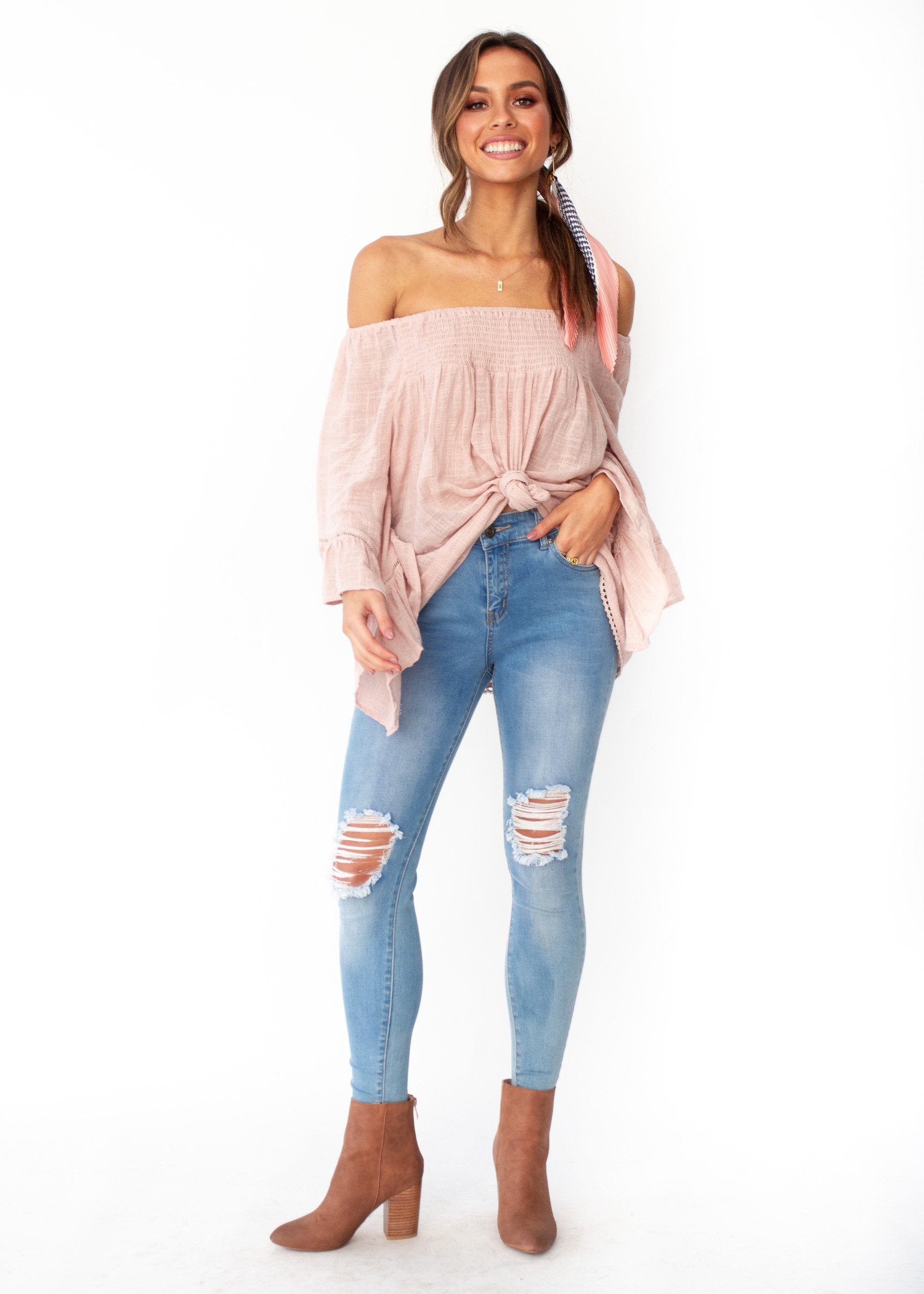 Sugar Night Off Shoulder Top - Sheer Blush