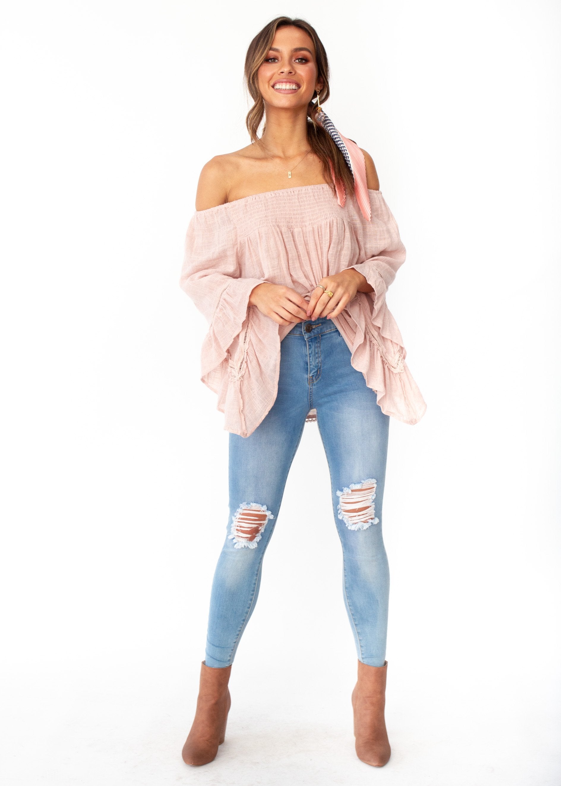 Sugar Night Off Shoulder Top - Sheer Blush