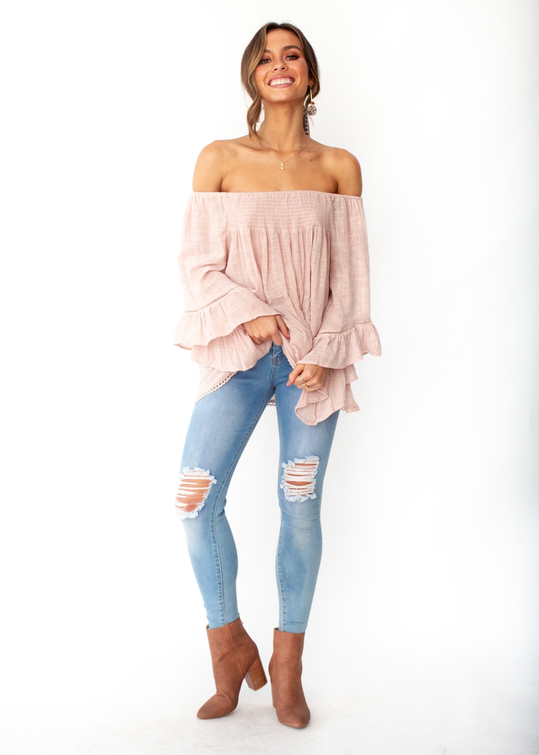 Sugar Night Off Shoulder Top - Sheer Blush