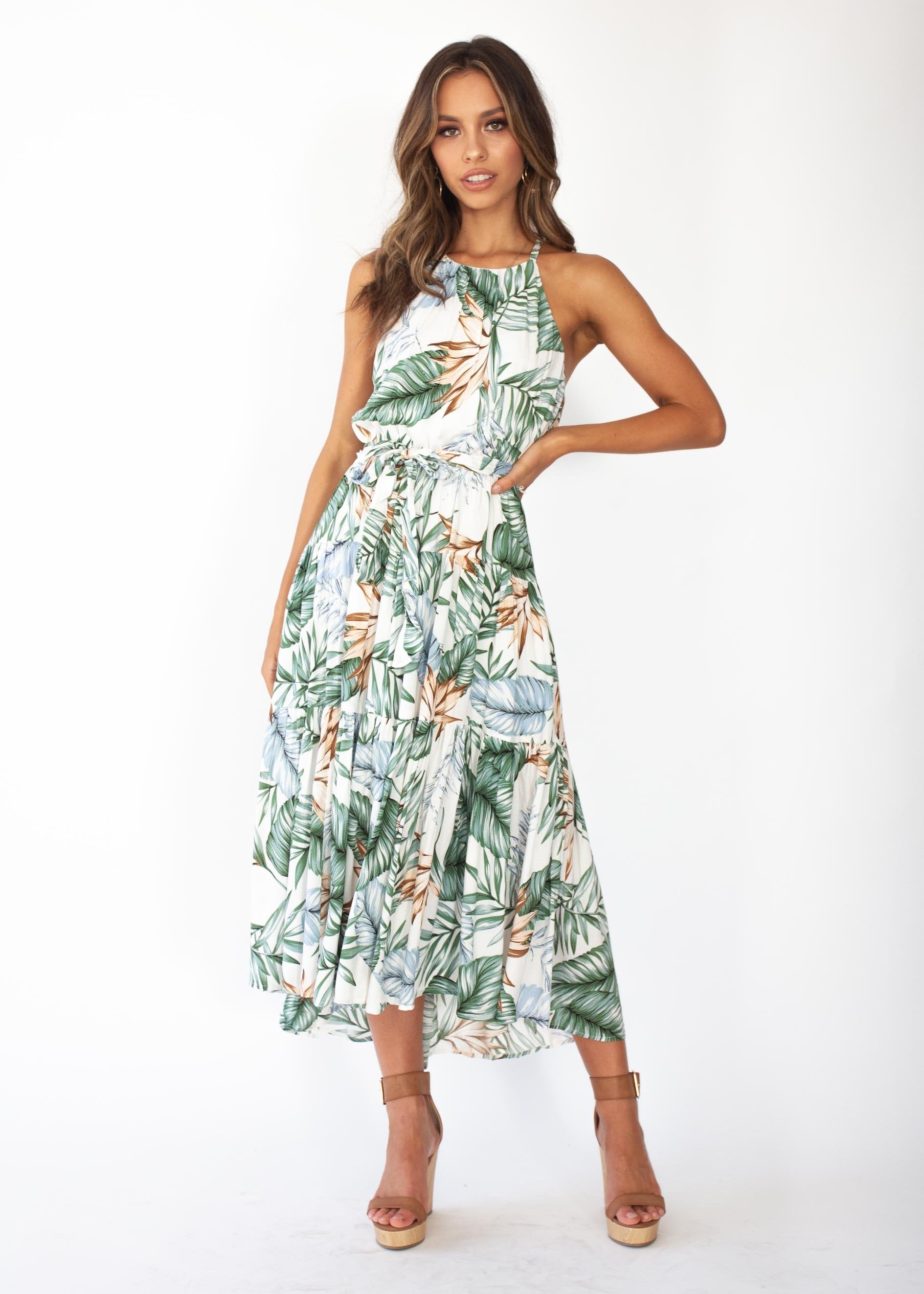 Solstace Midi Dress - White Green Palm Print