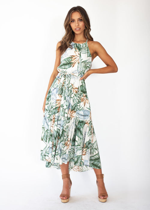 Solstace Midi Dress - White Green Palm Print