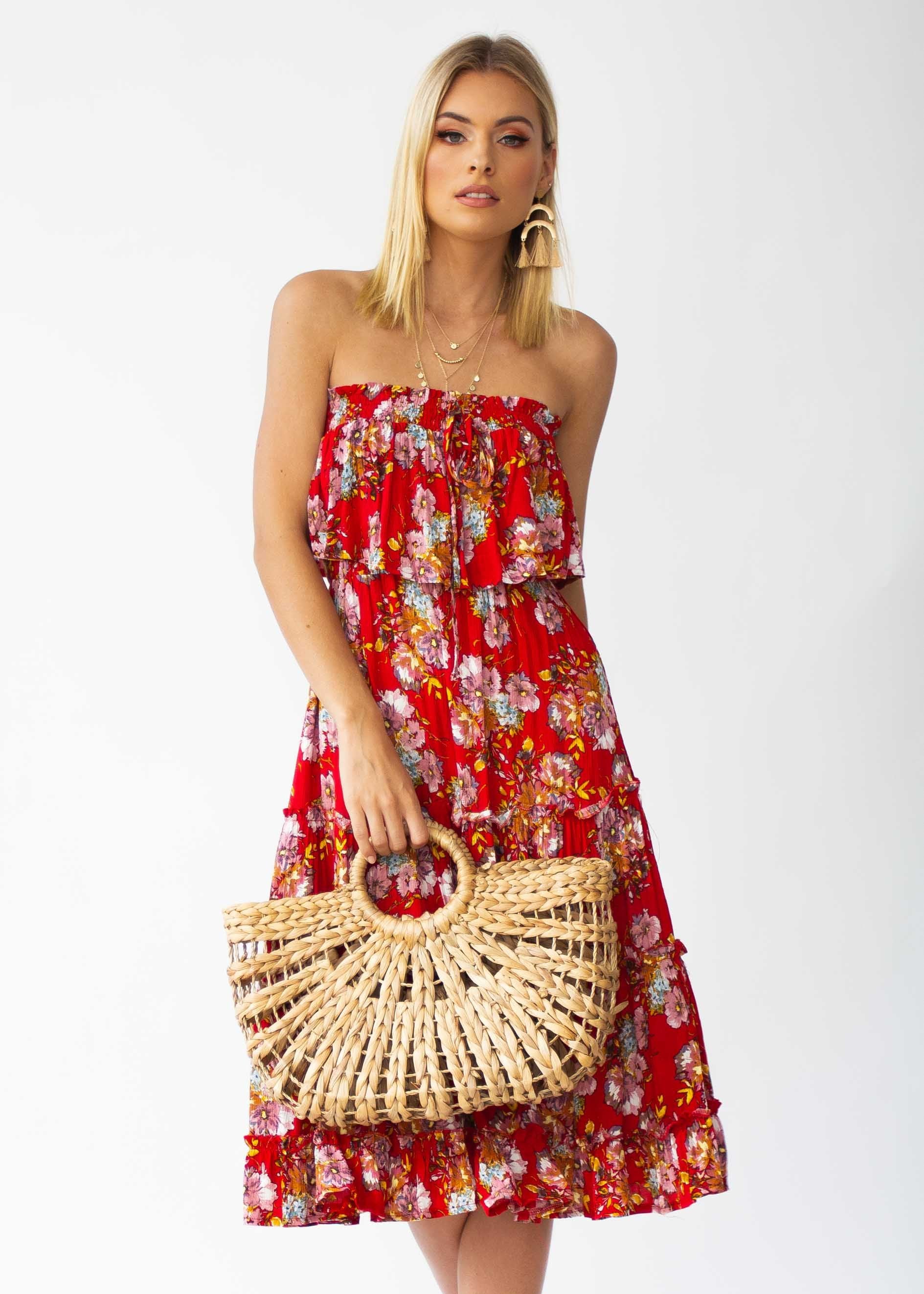 Emery Strapless Midi Dress - Red Floral