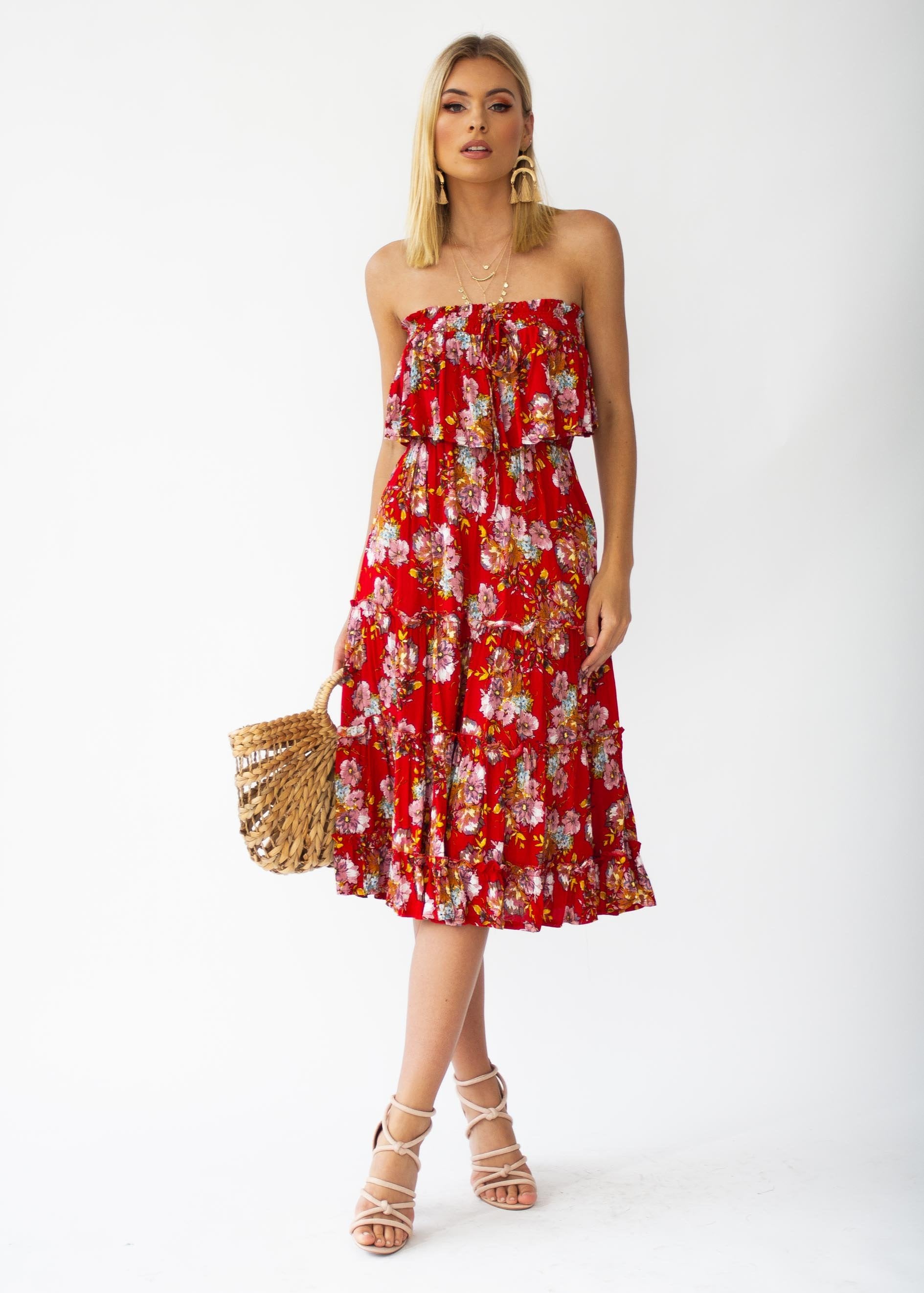Emery Strapless Midi Dress - Red Floral