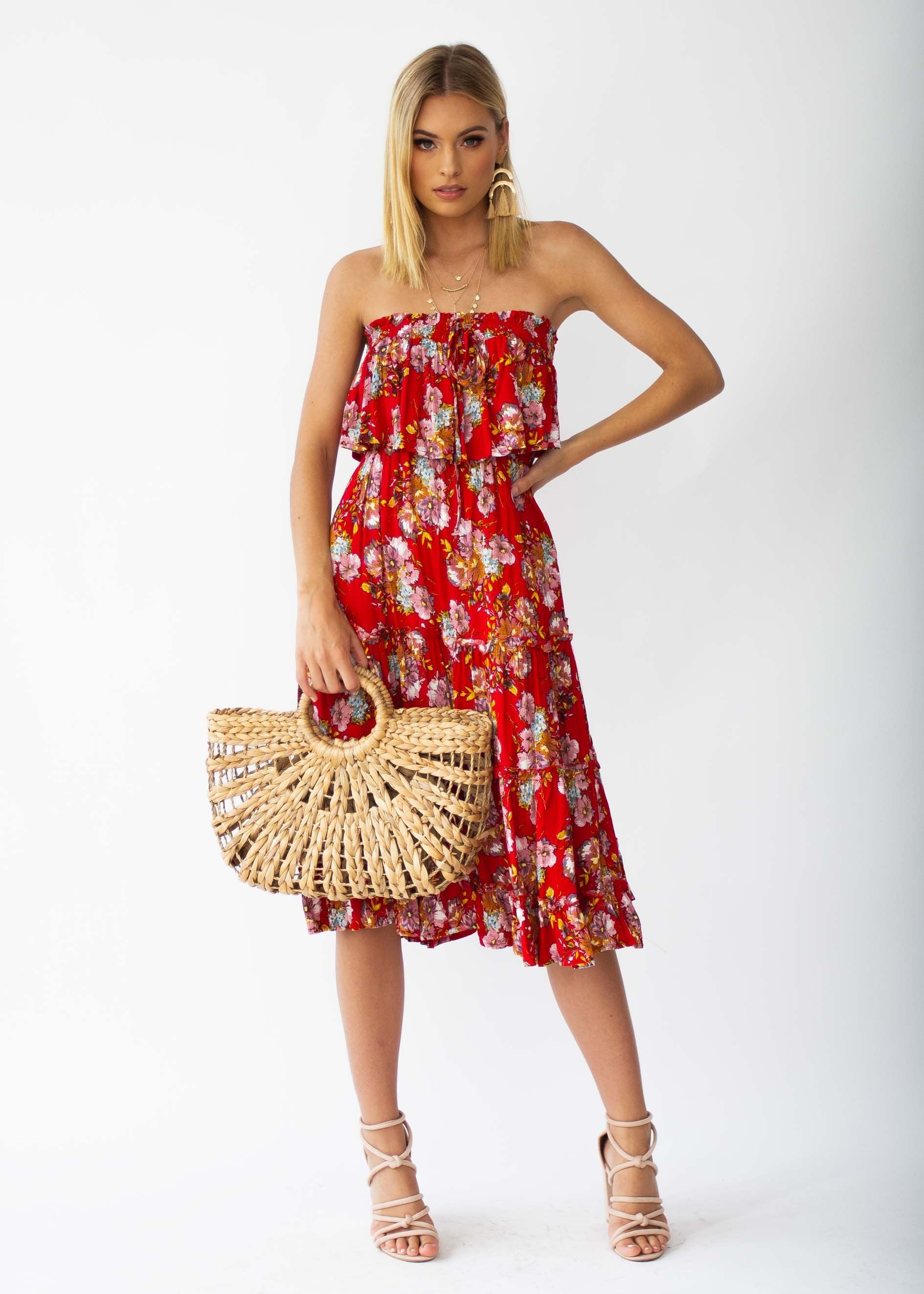 Emery Strapless Midi Dress - Red Floral