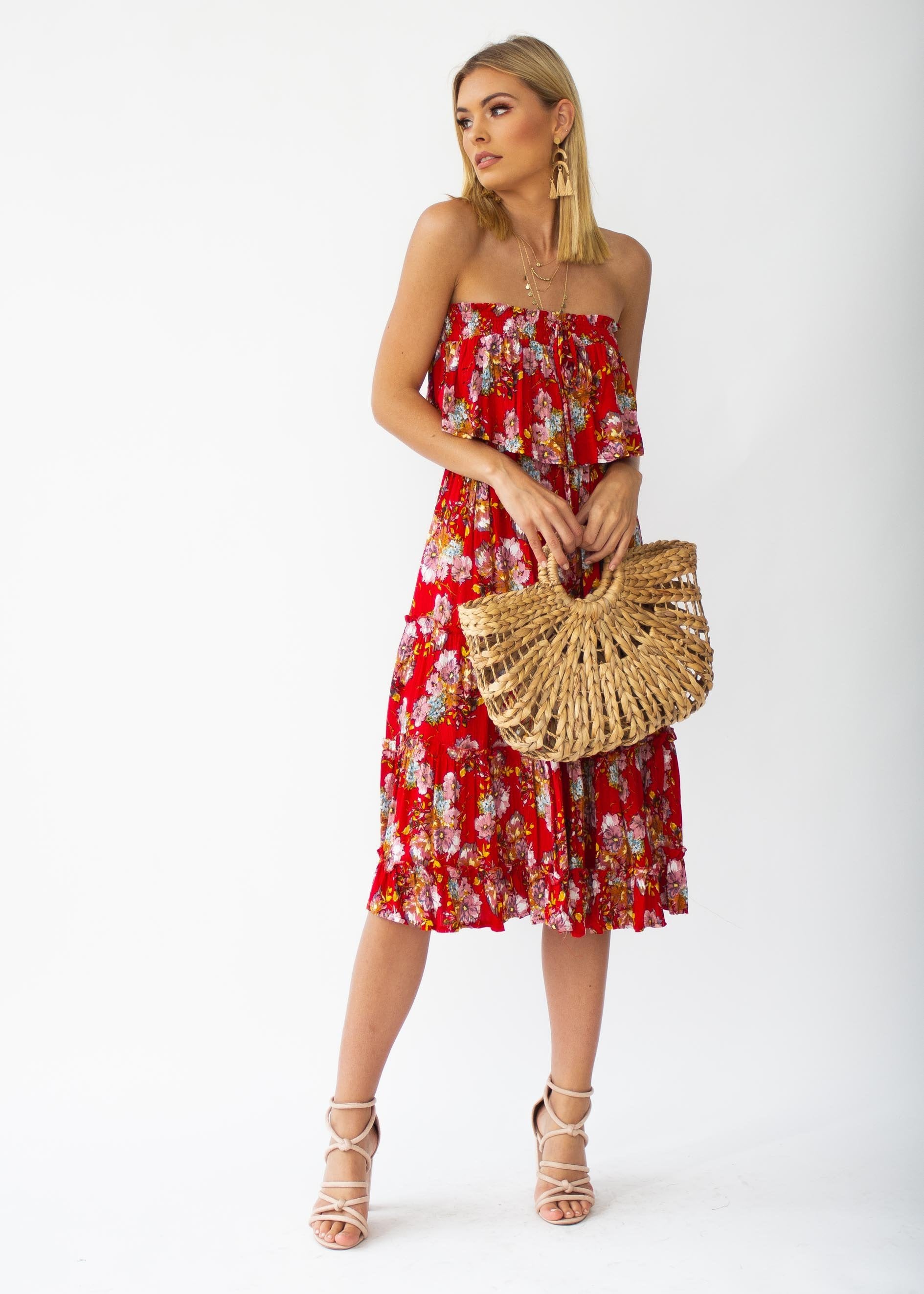 Emery Strapless Midi Dress - Red Floral