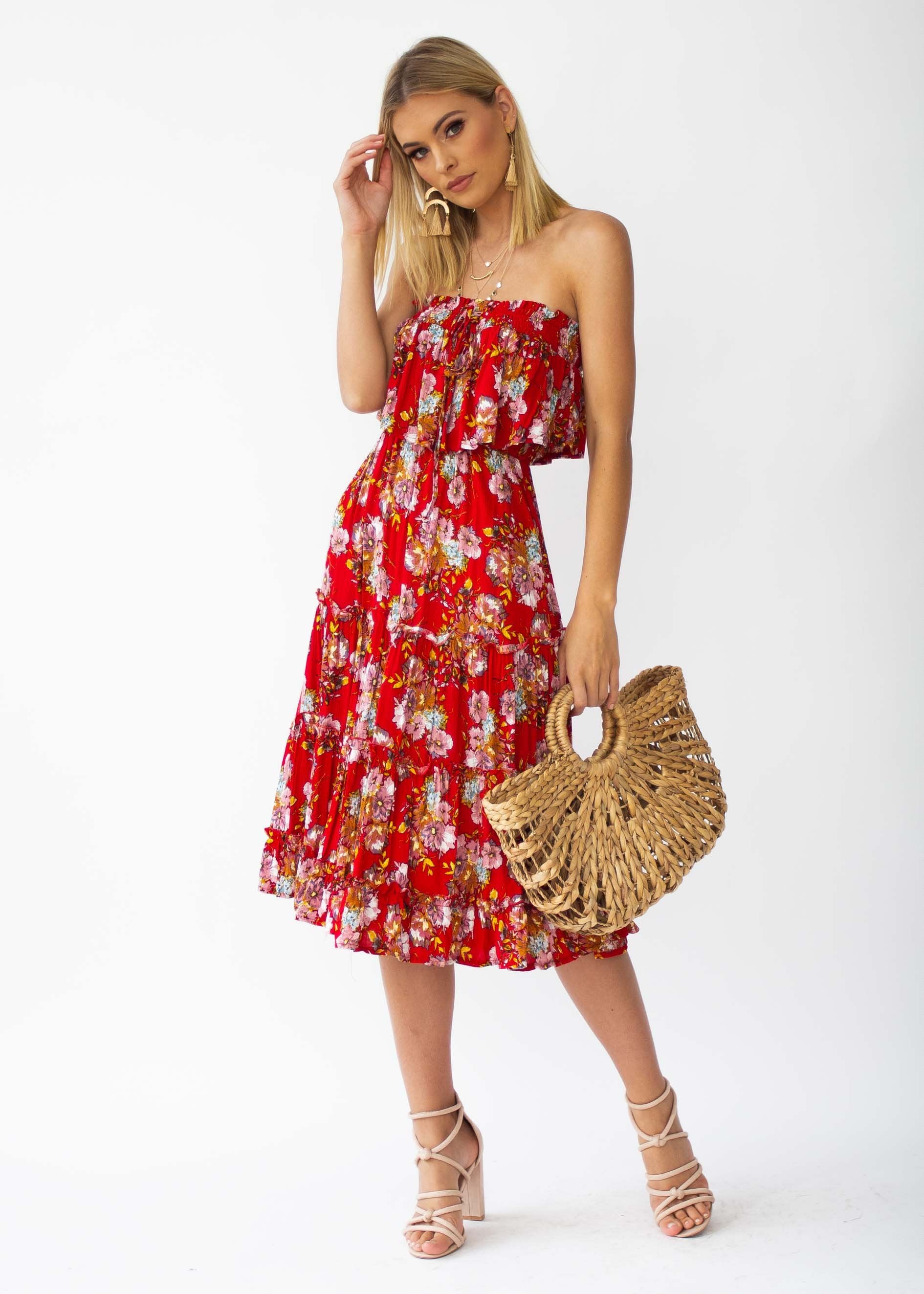 Emery Strapless Midi Dress - Red Floral