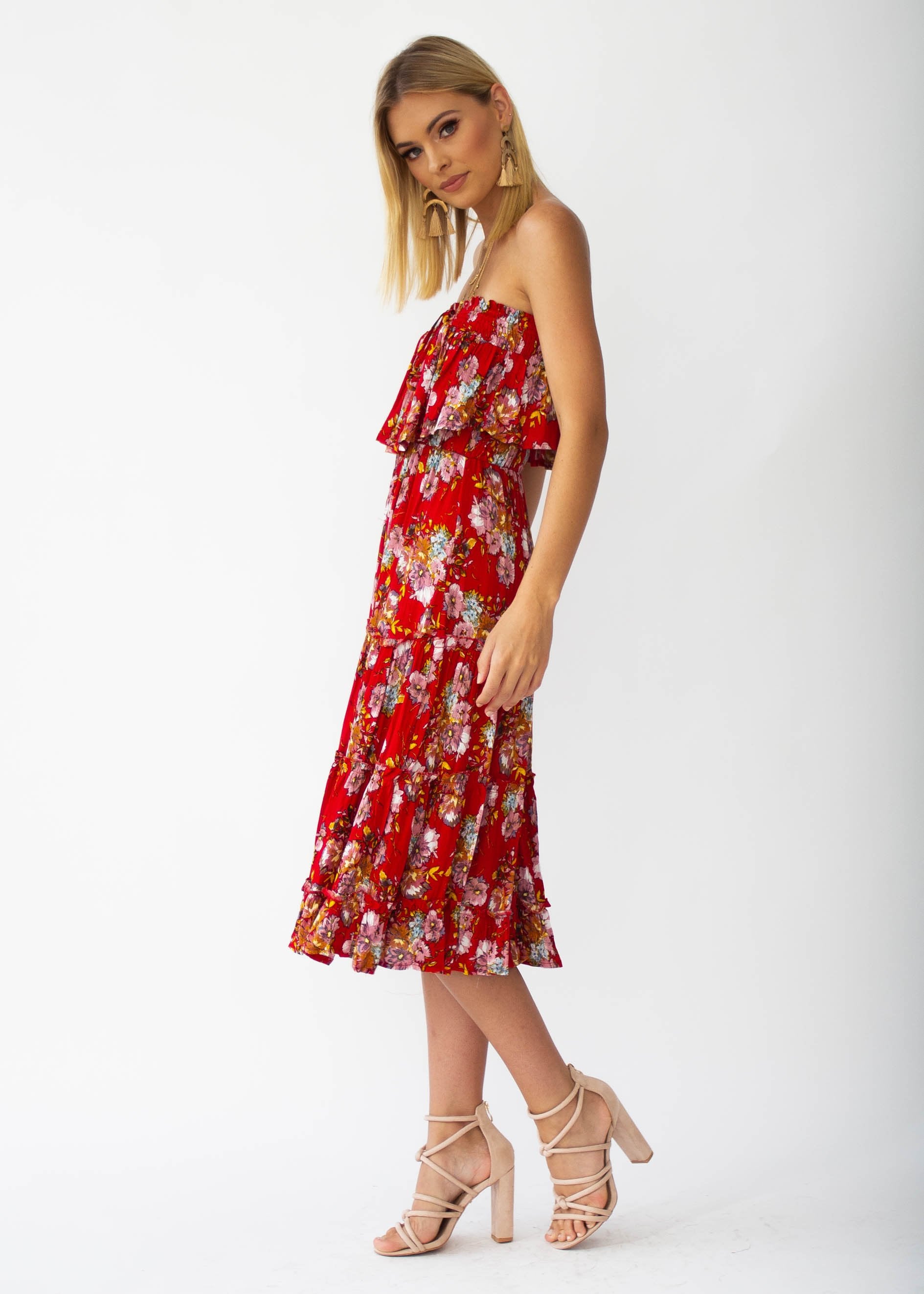 Emery Strapless Midi Dress - Red Floral