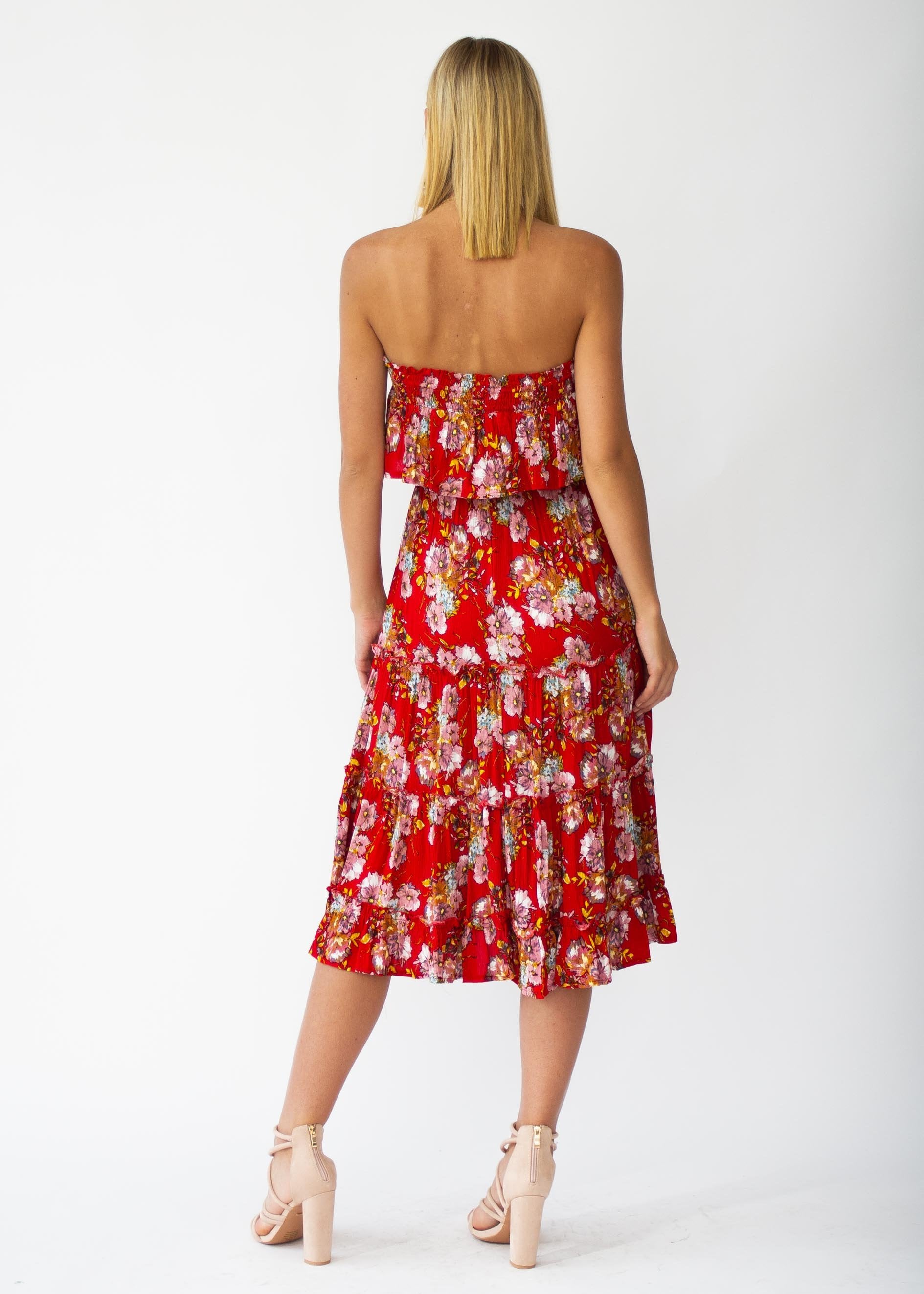 Emery Strapless Midi Dress - Red Floral