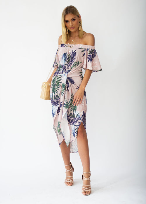 Candid Moment Off Shoulder Midi Dress - Blush Palm