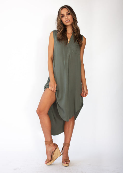Moving Along Midi Dress - Khaki