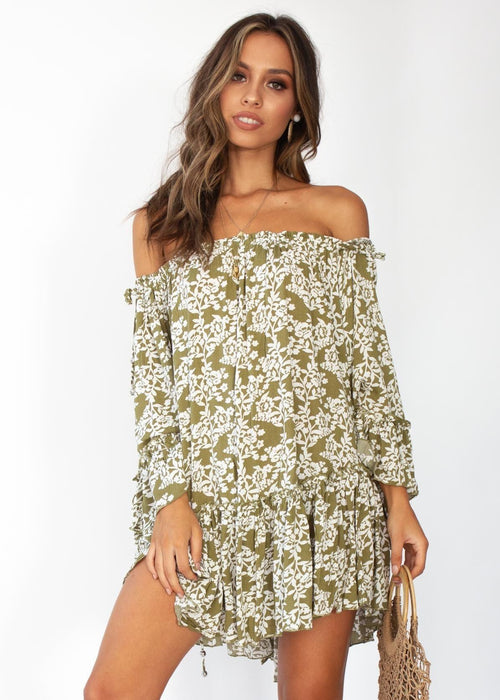 Gracie Off Shoulder Dress - Khaki Floral