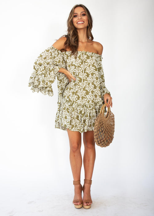 Gracie Off Shoulder Dress - Khaki Floral