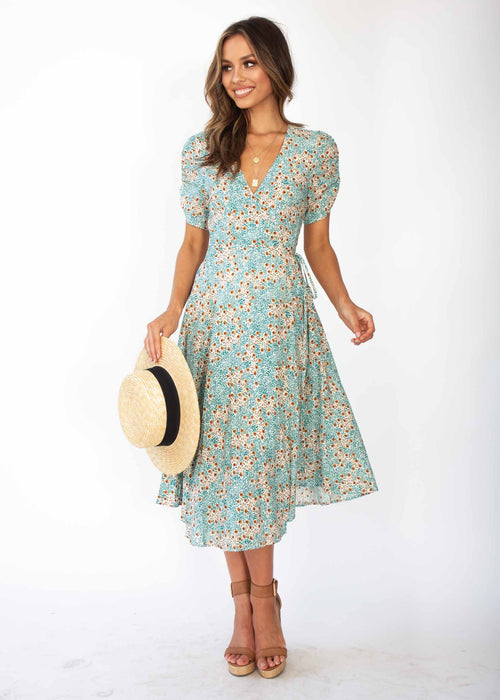 Summer Rain Wrap Midi Dress - Green Floral