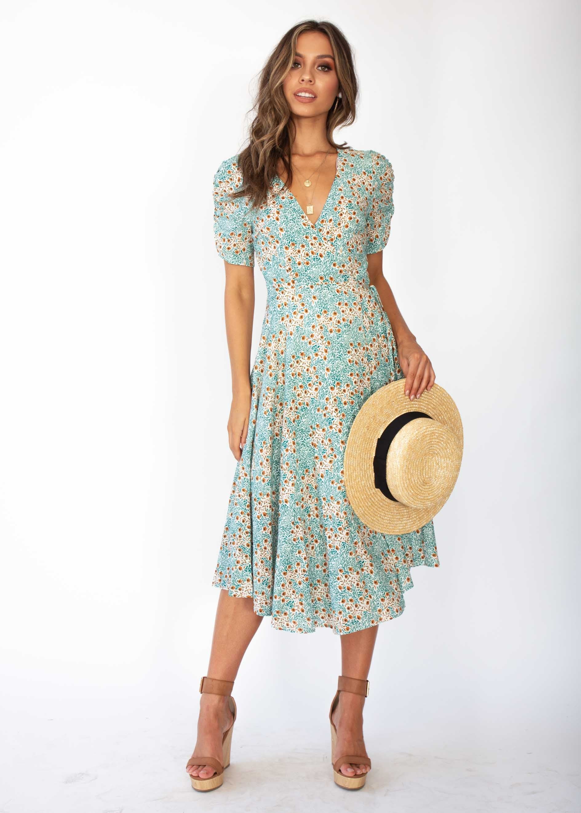 Summer Rain Wrap Midi Dress - Green Floral