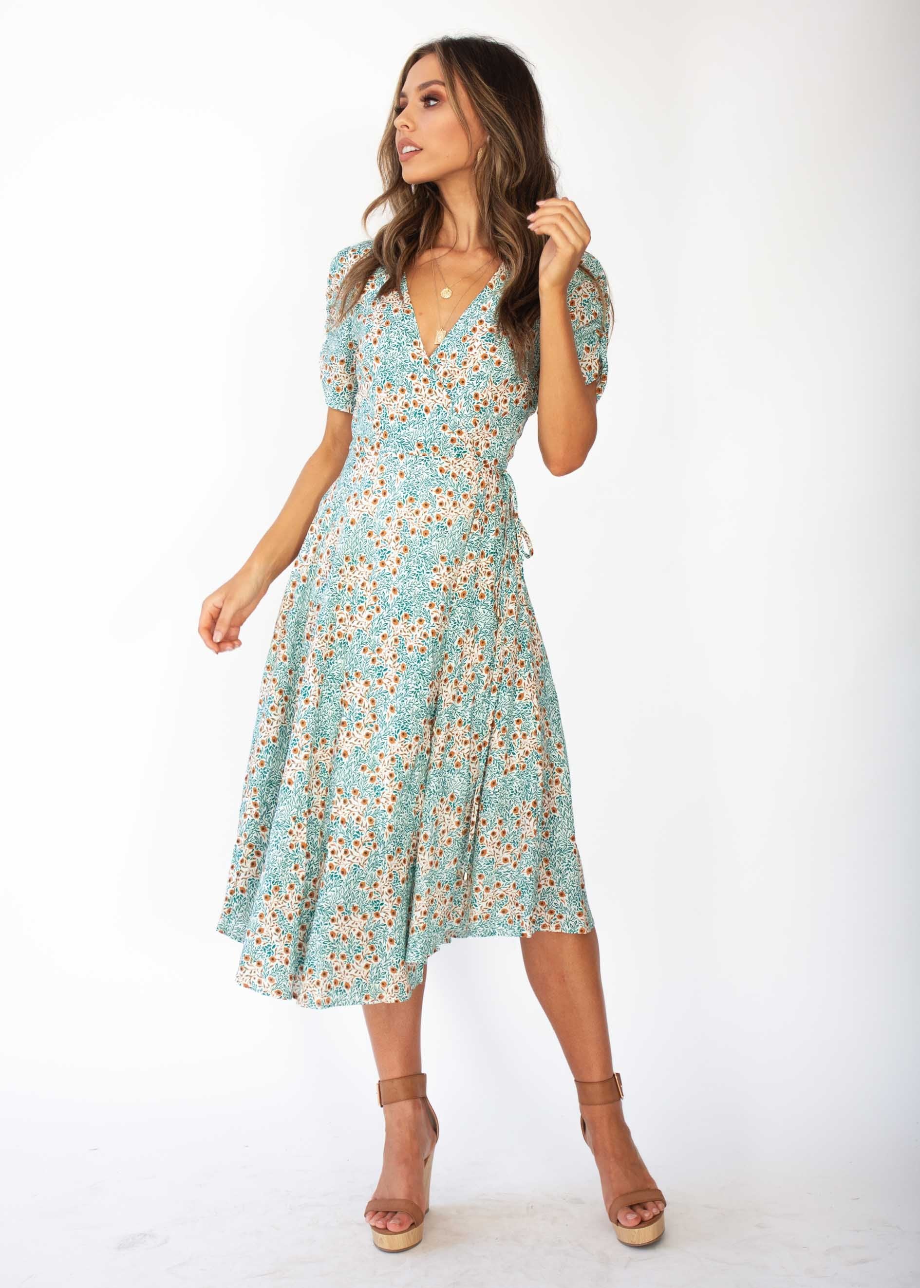 Summer Rain Wrap Midi Dress - Green Floral