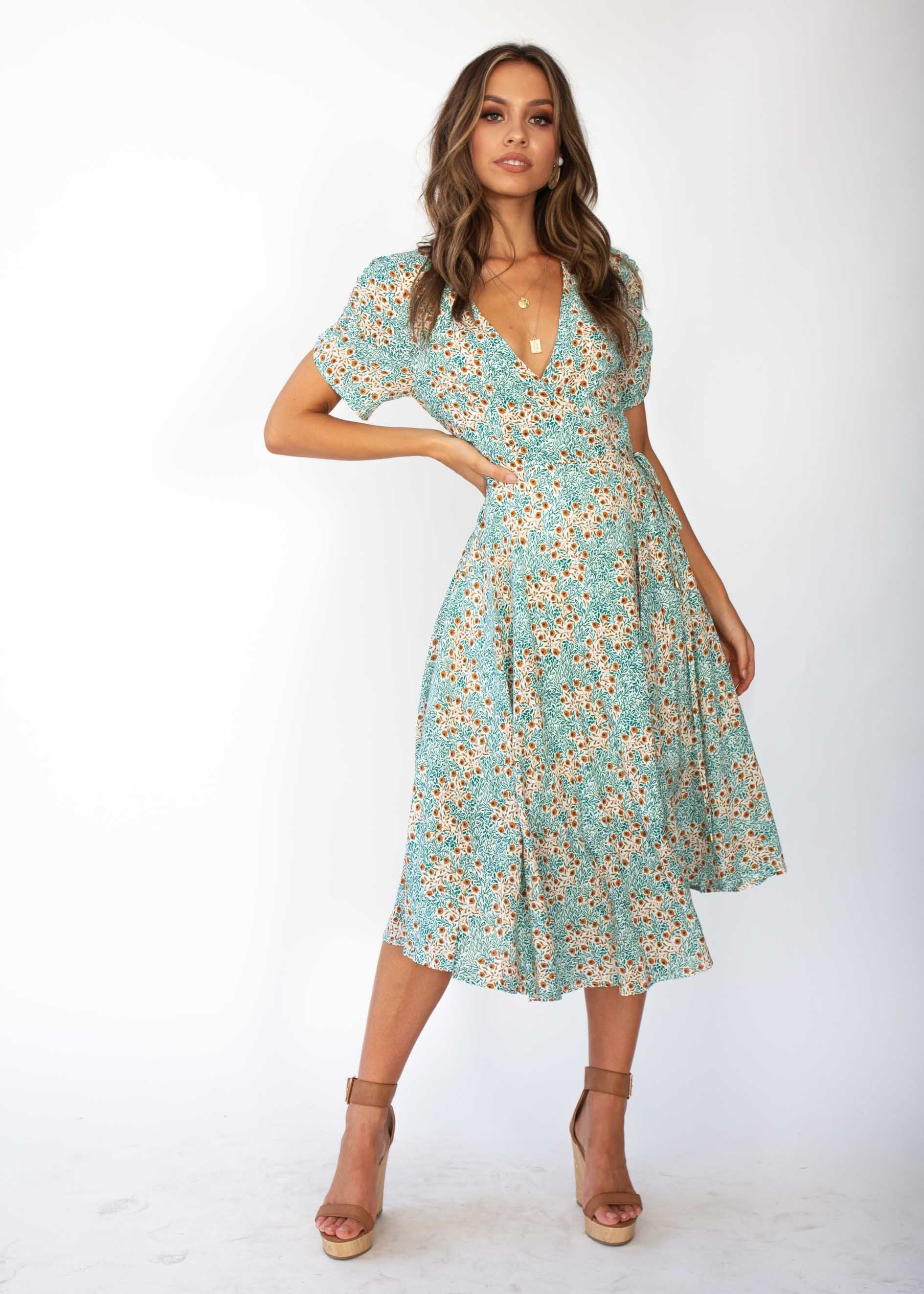 Summer Rain Wrap Midi Dress - Green Floral