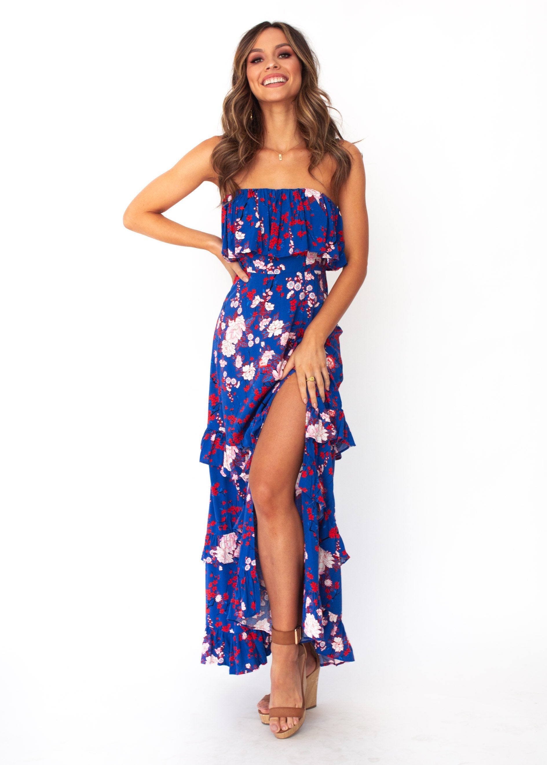 Bexley Strapless Maxi Dress - Blue Floral