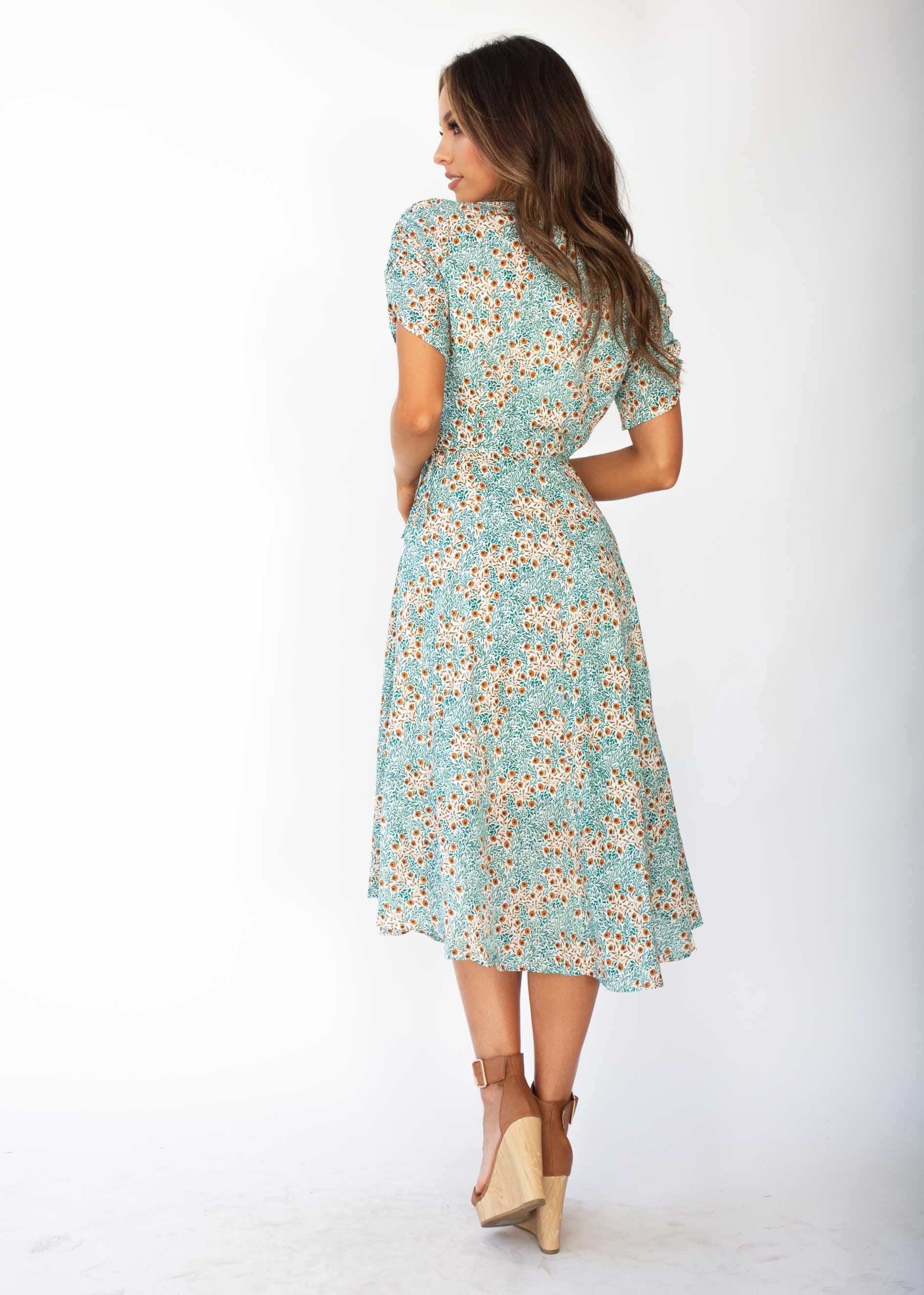 Summer Rain Wrap Midi Dress - Green Floral