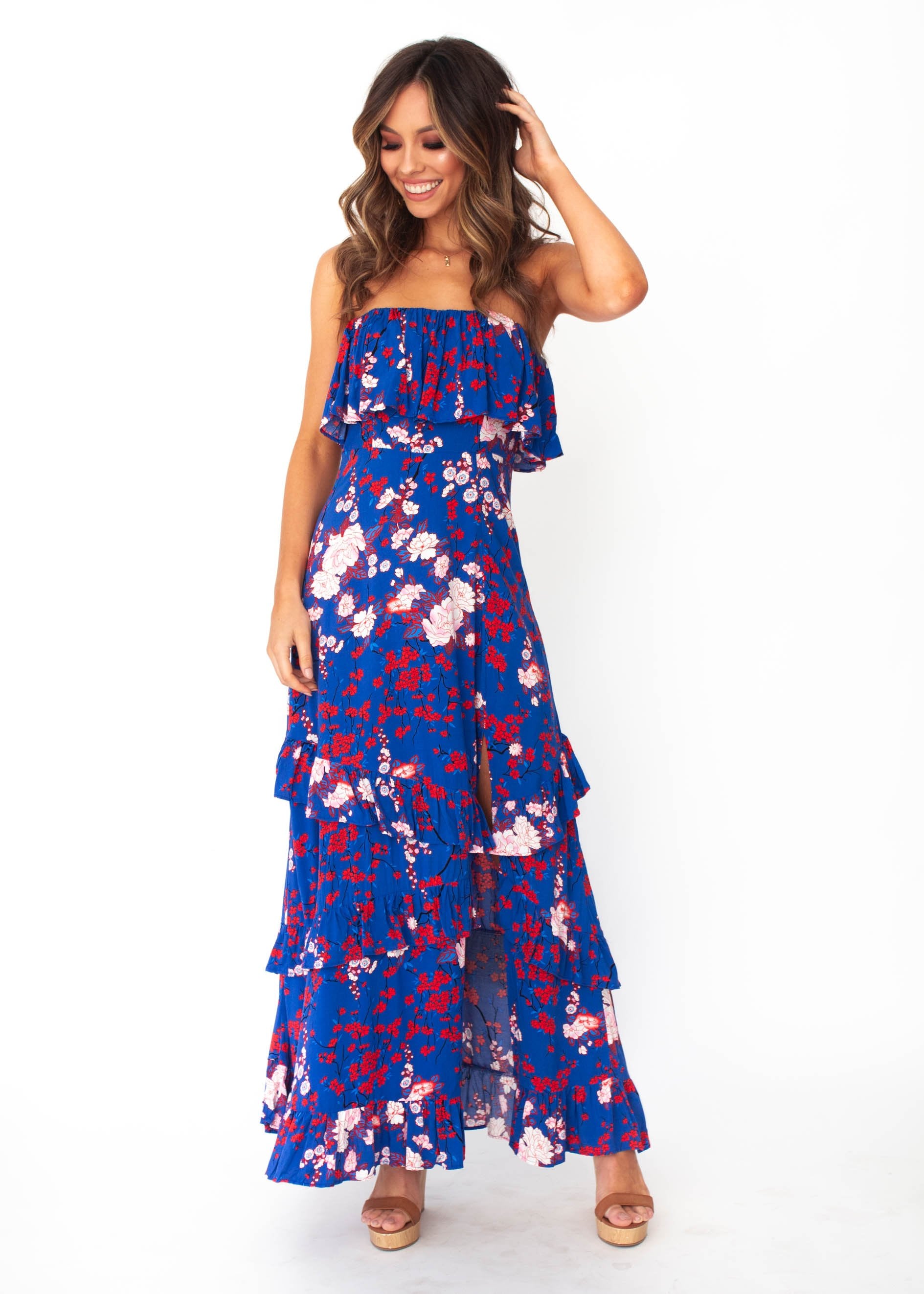 Bexley Strapless Maxi Dress - Blue Floral Print
