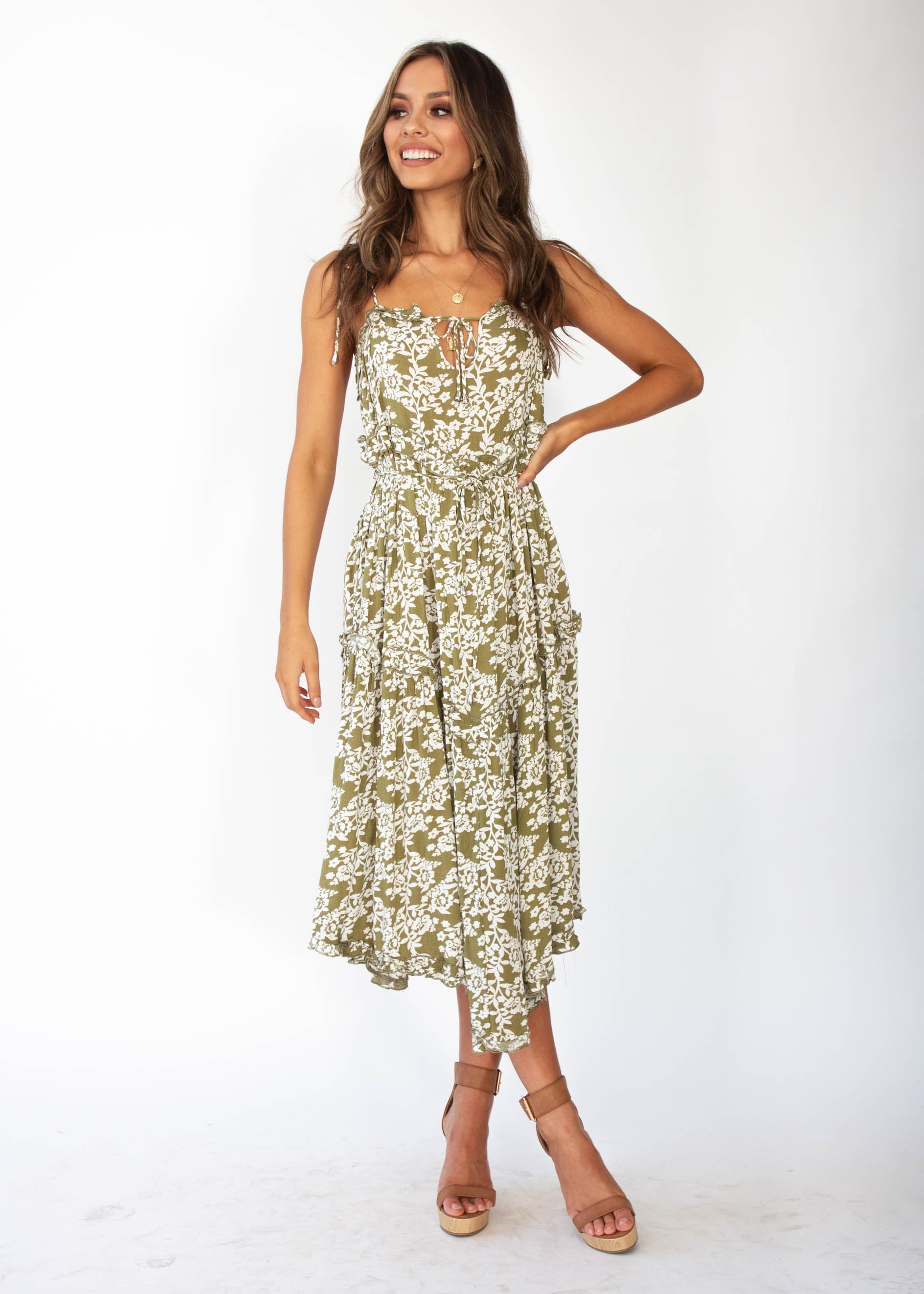 Sweet Disposition Midi Dress - Khaki Floral