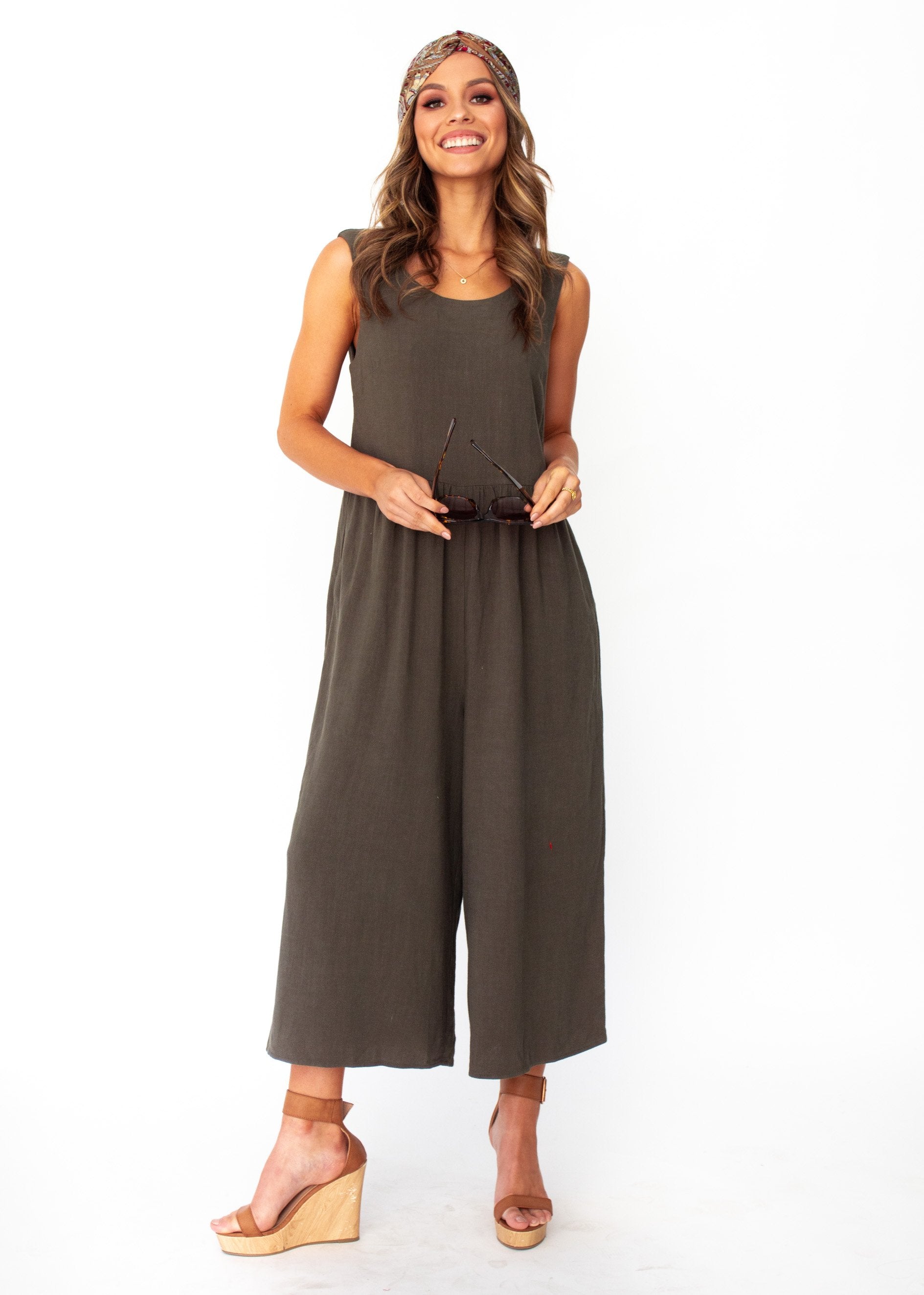 Elsa Linen-Blend Pantsuit - Khaki