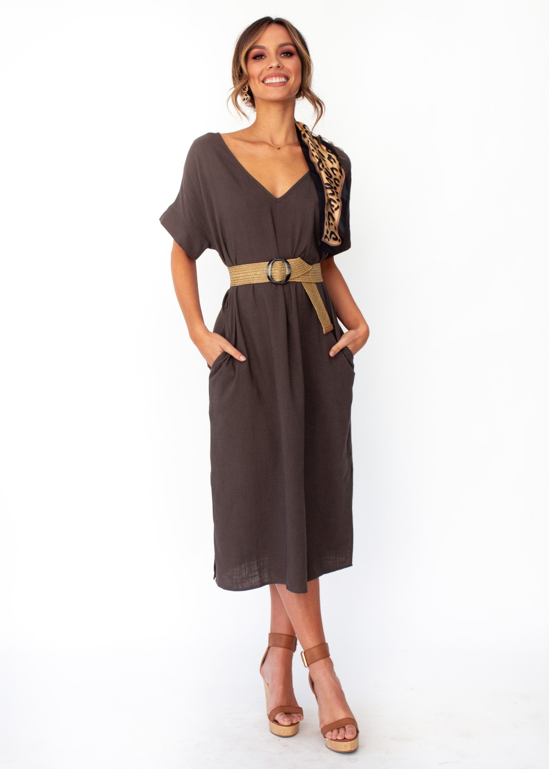 Women's Bayside Linen Midi Dress - Dark Khaki