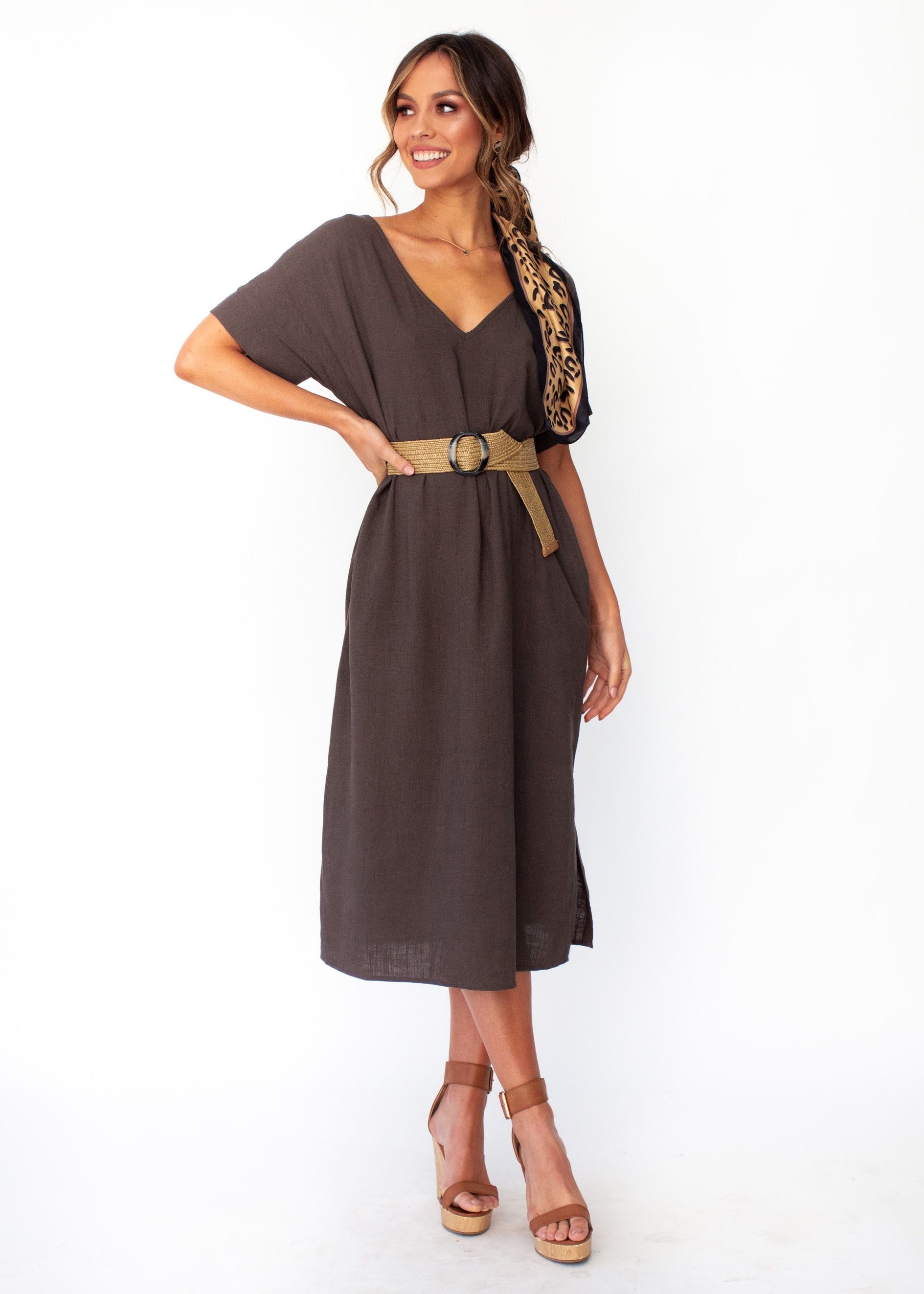 Bayside Linen Midi Dress - Dark Khaki