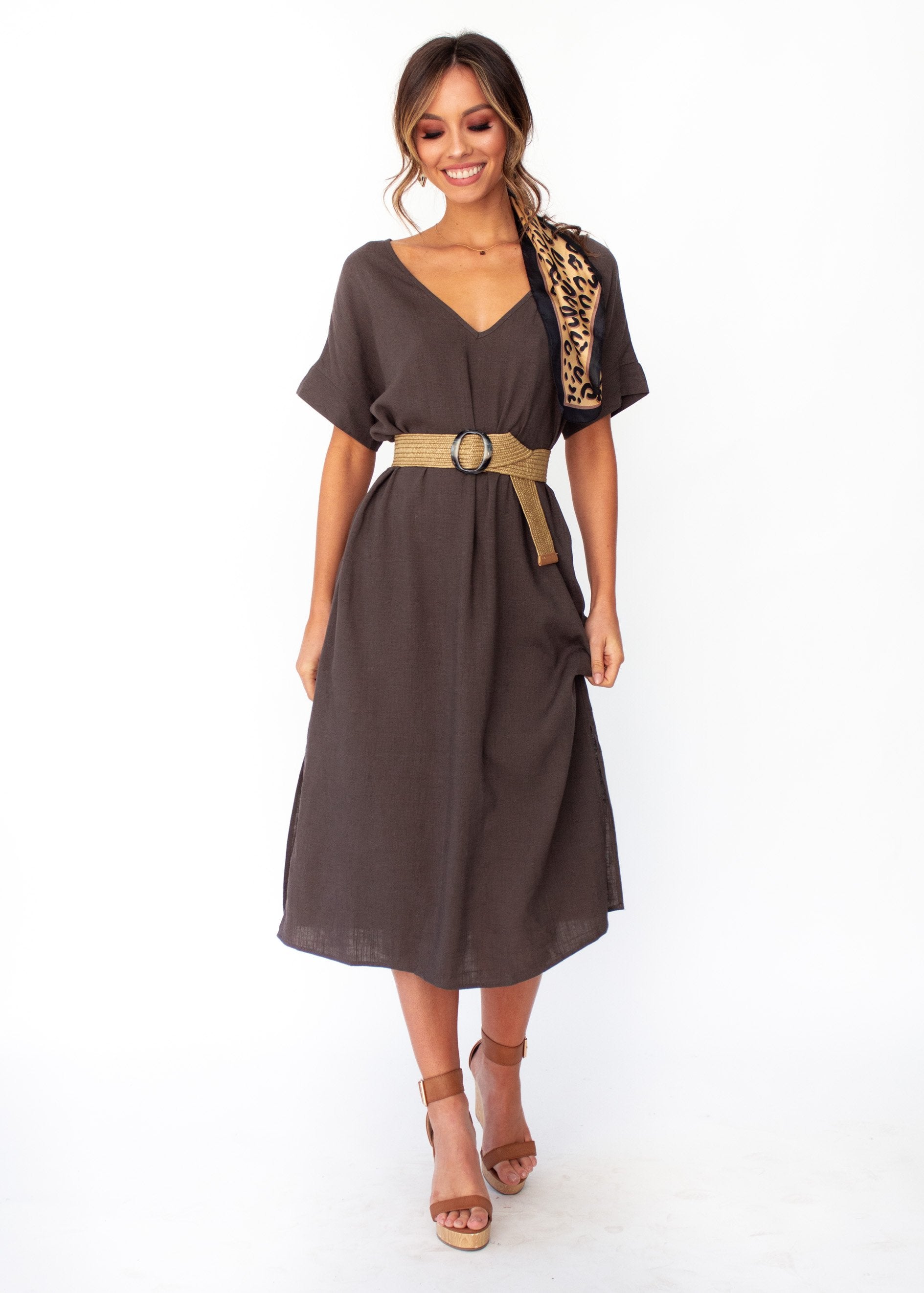 Bayside Linen Midi Dress - Dark Khaki