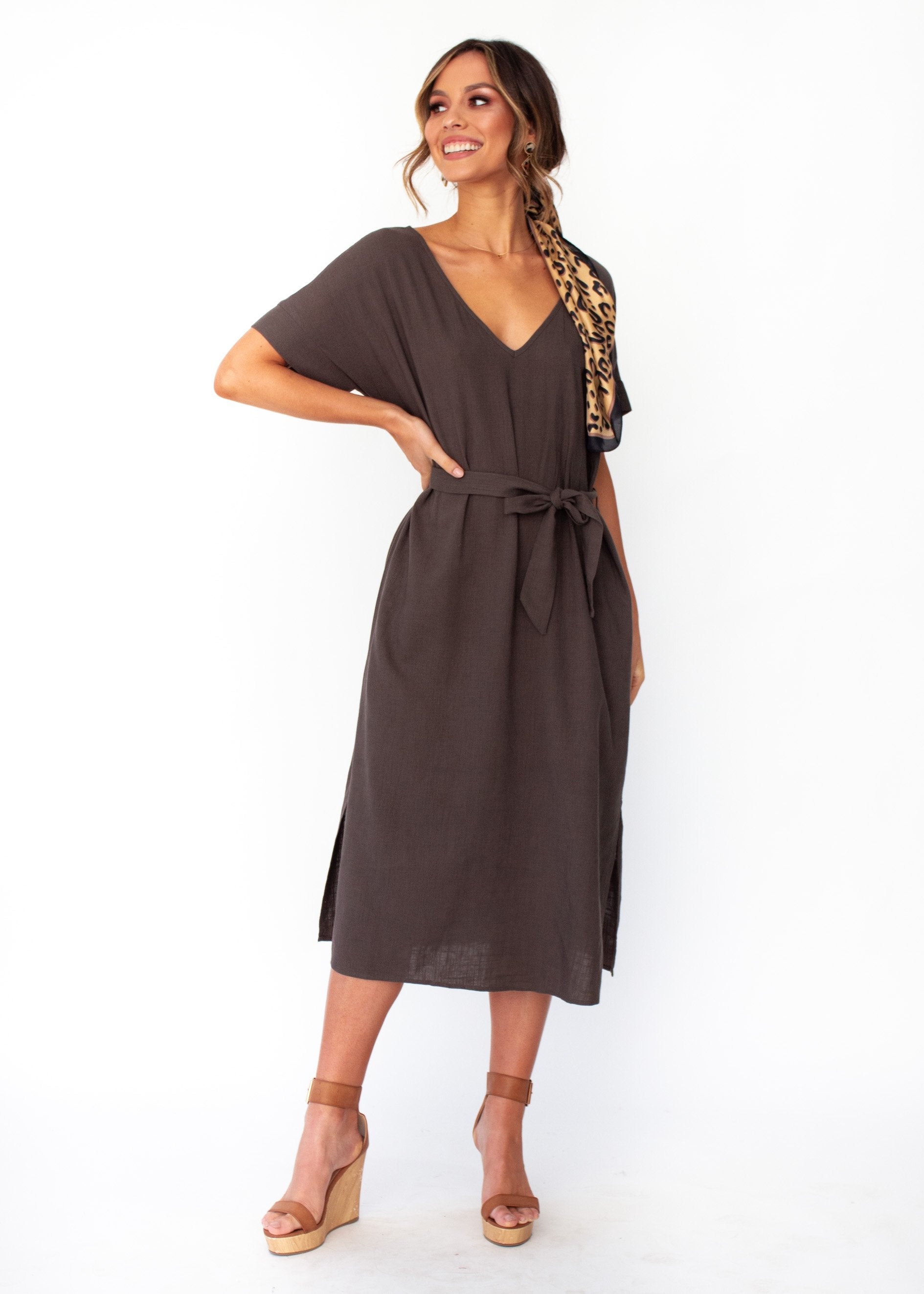 Bayside Linen Midi Dress - Dark Khaki