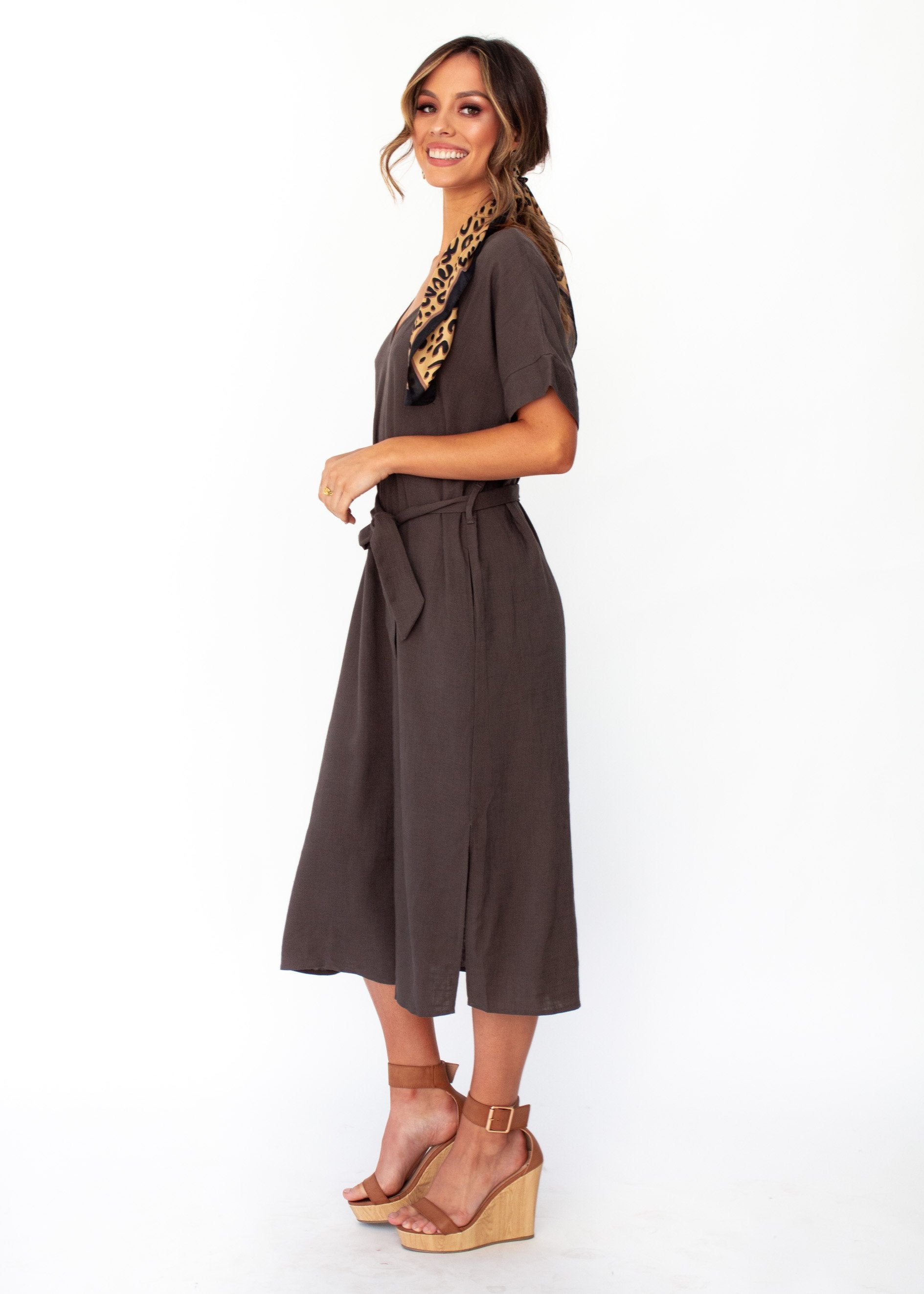 Bayside Linen Midi Dress - Dark Khaki