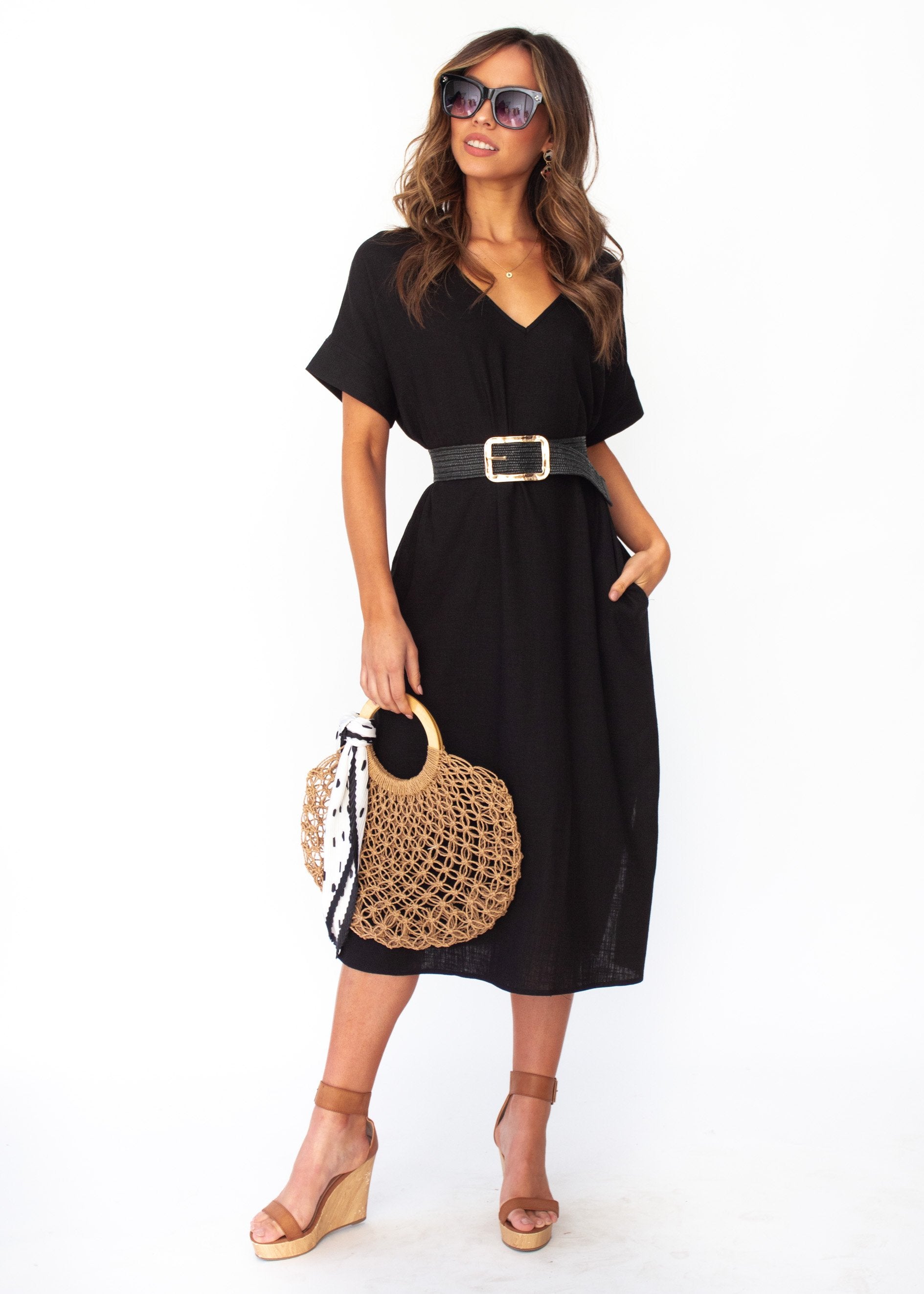 Women's Bayside Linen Midi Dress - Black