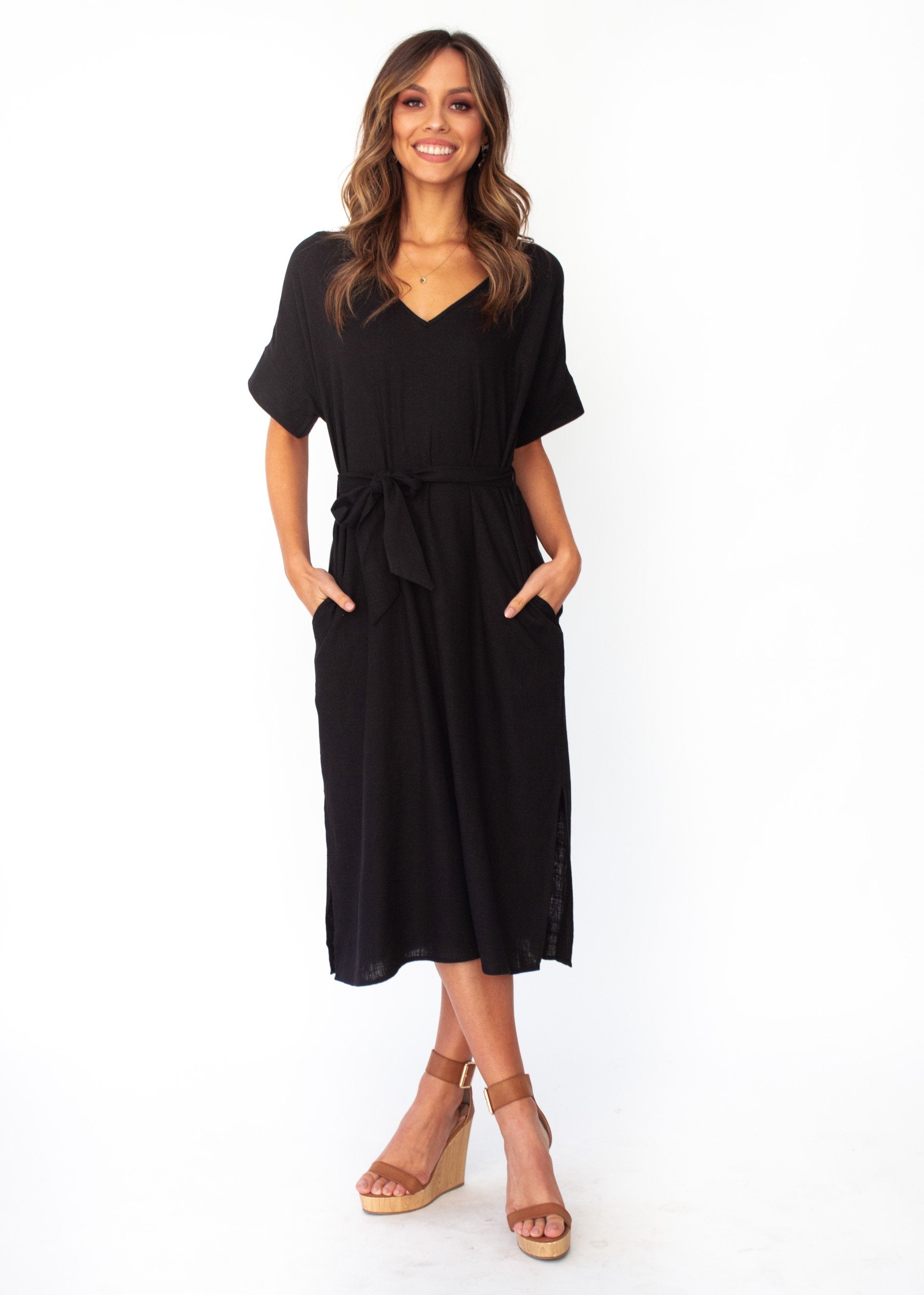 Bayside Linen Midi Dress - Black