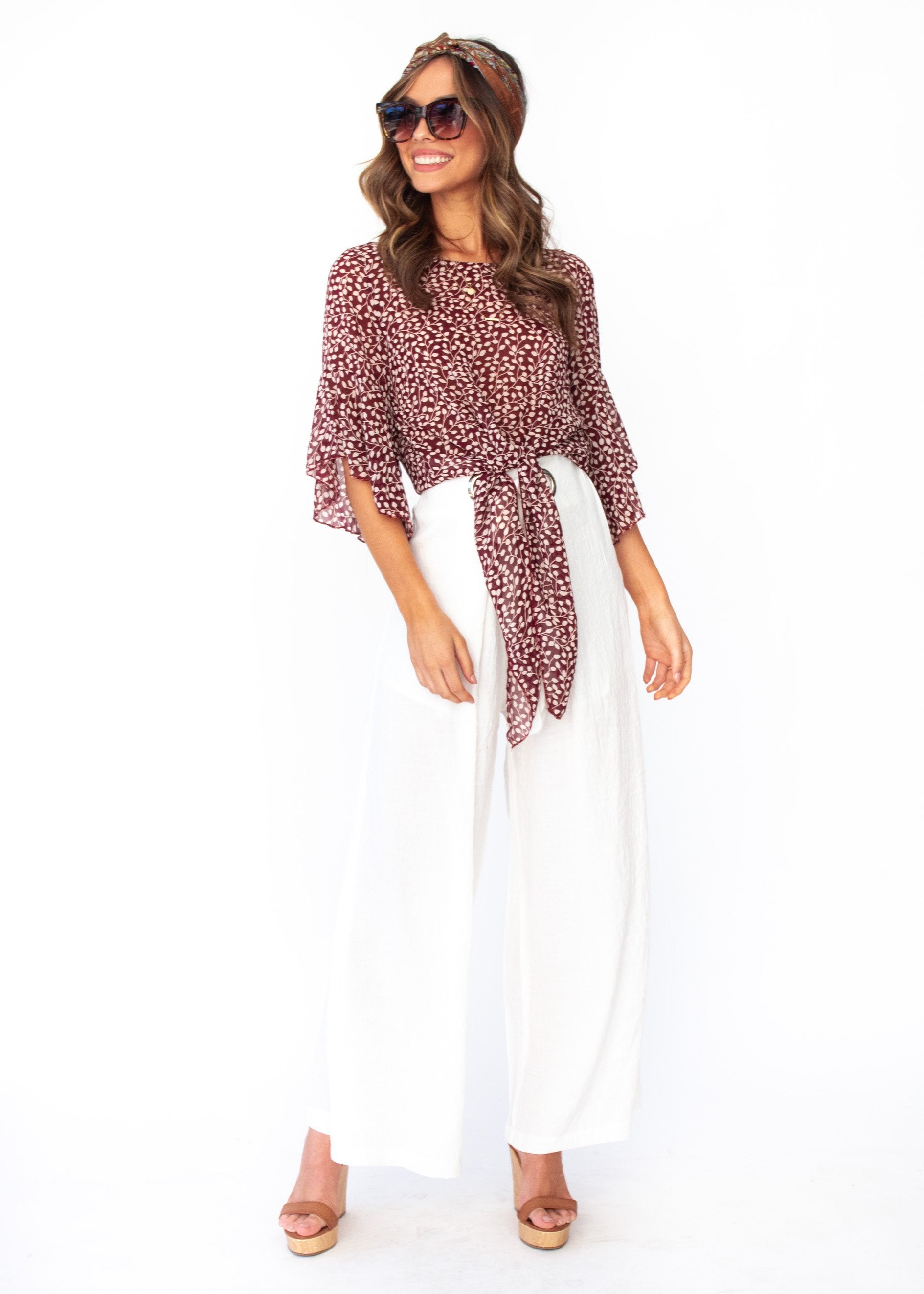 Alexia Chiffon Tie Blouse - Maroon Vine Print