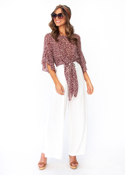 Alexia Chiffon Tie Blouse - Maroon Vine Print