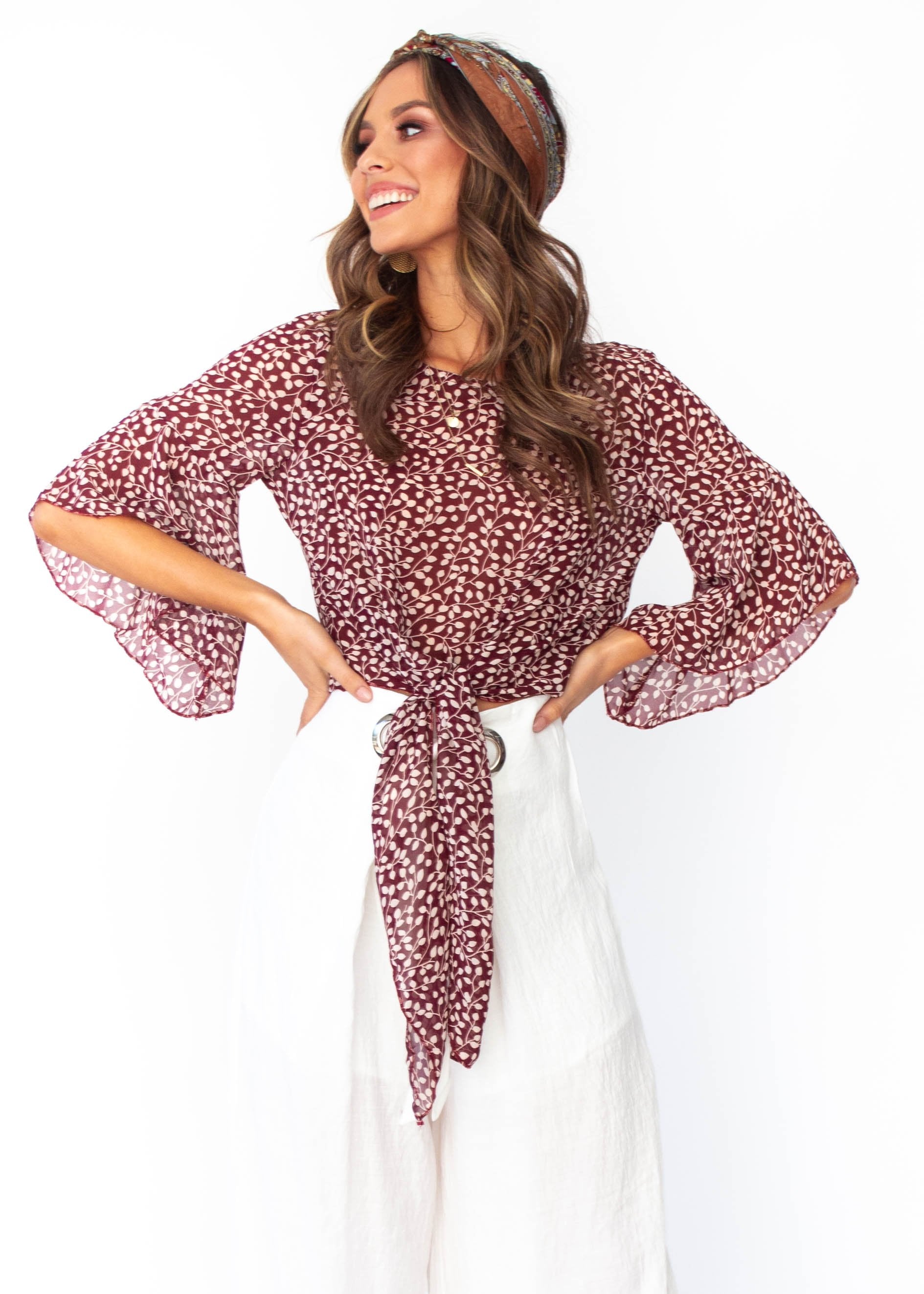 Women's Alexia Chiffon Tie Blouse - Maroon Vine Print