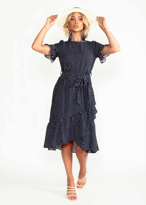 Out From Under Midi Dress w/ Tie - Navy Polka