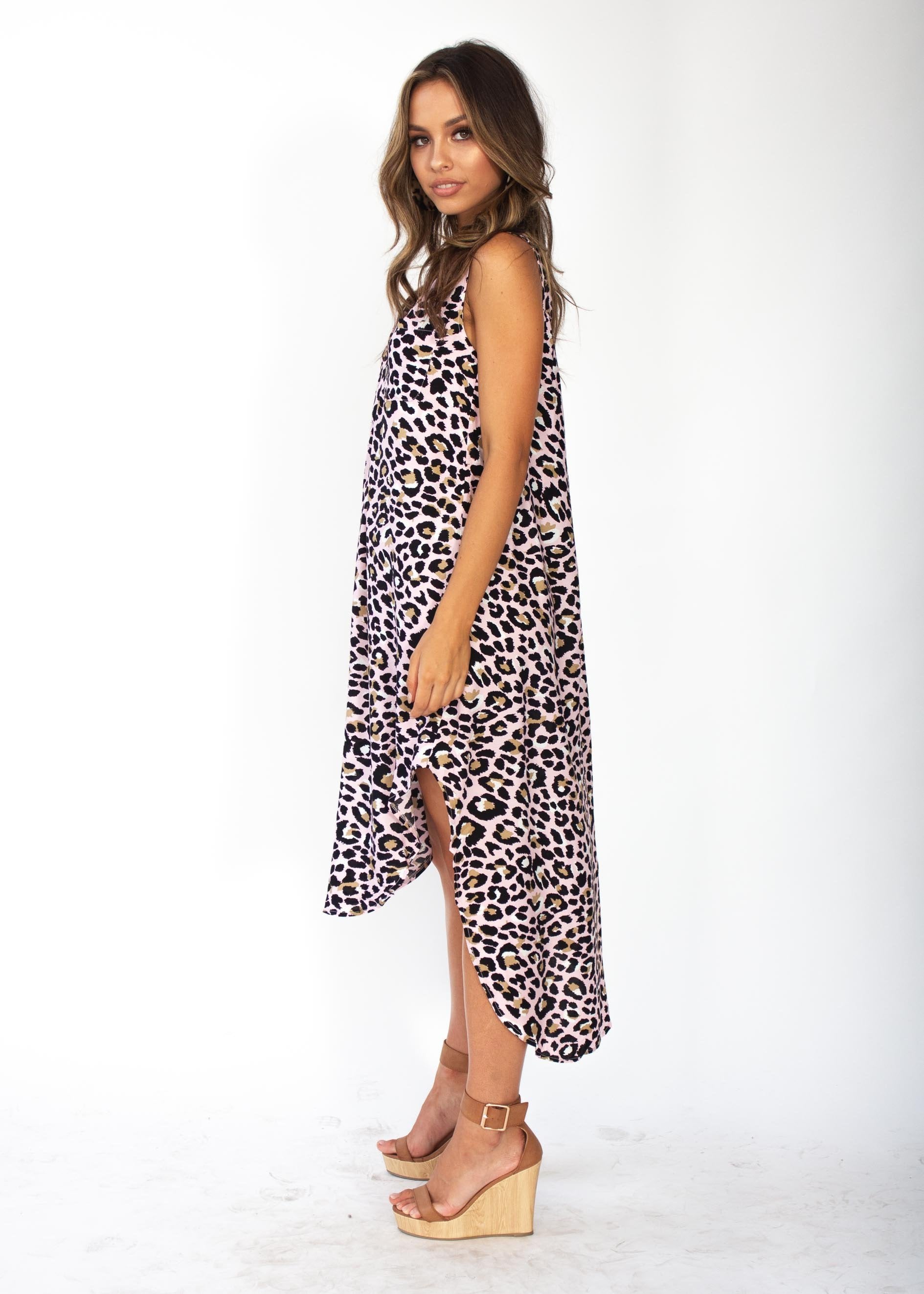Moving Along Midi Dress - Blush Leopard