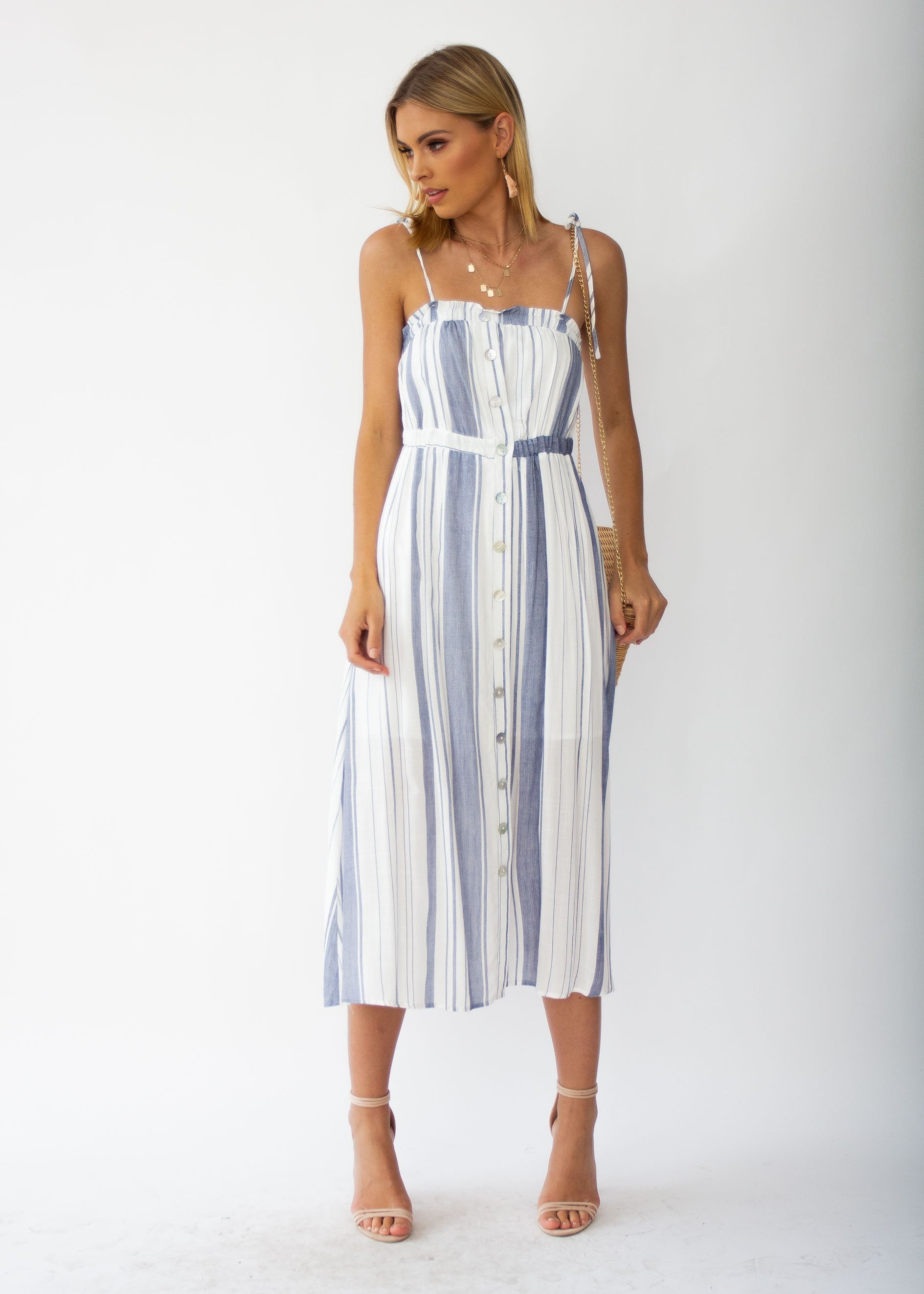Addilyn Midi Dress - White/Blue Stripe