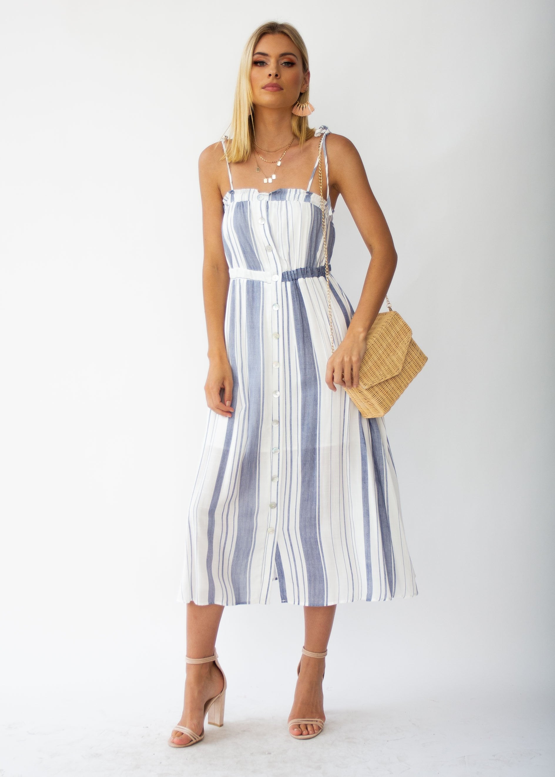 Addilyn Midi Dress - White/Blue Stripe