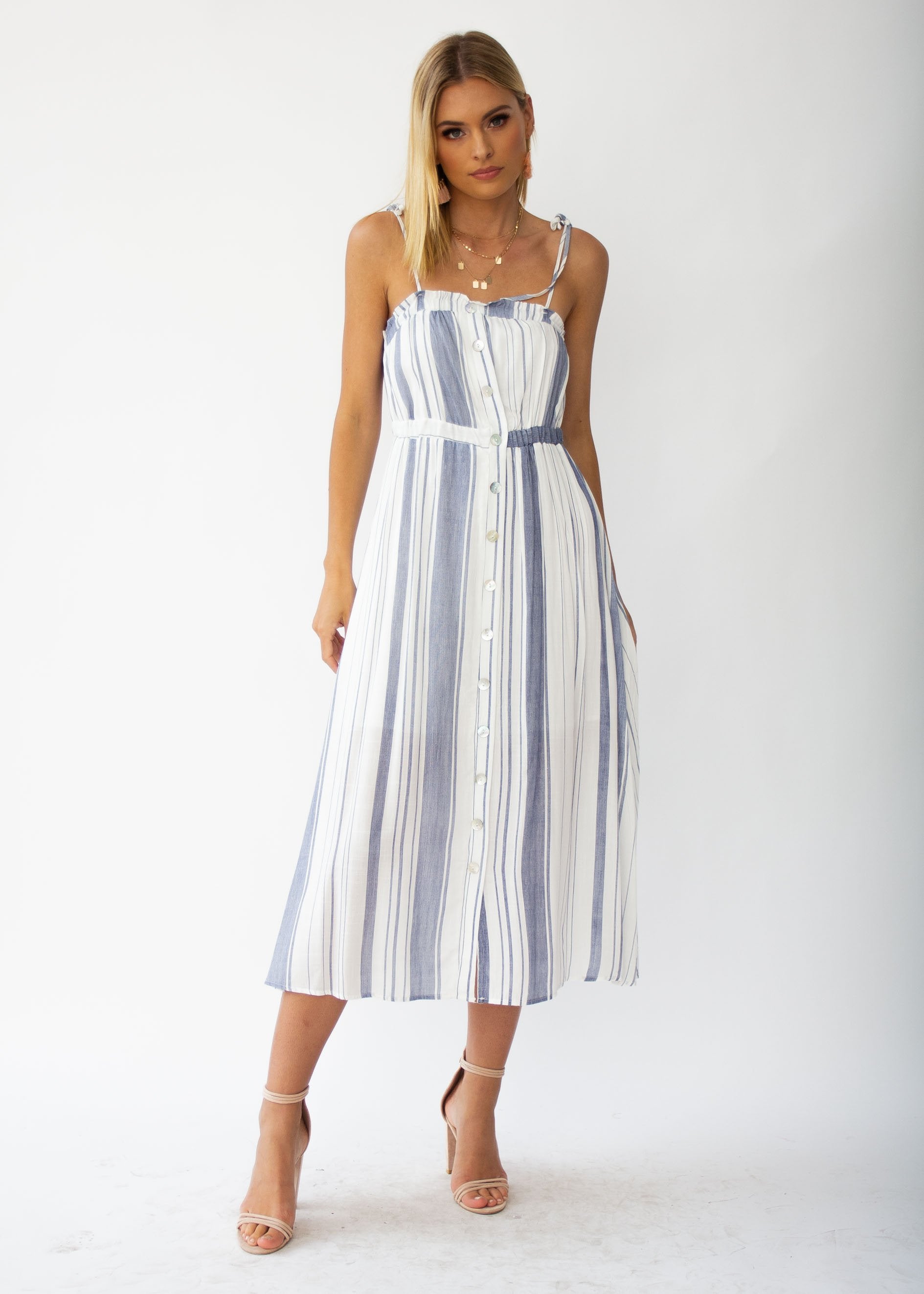 Addilyn Midi Dress - White/Blue Stripe